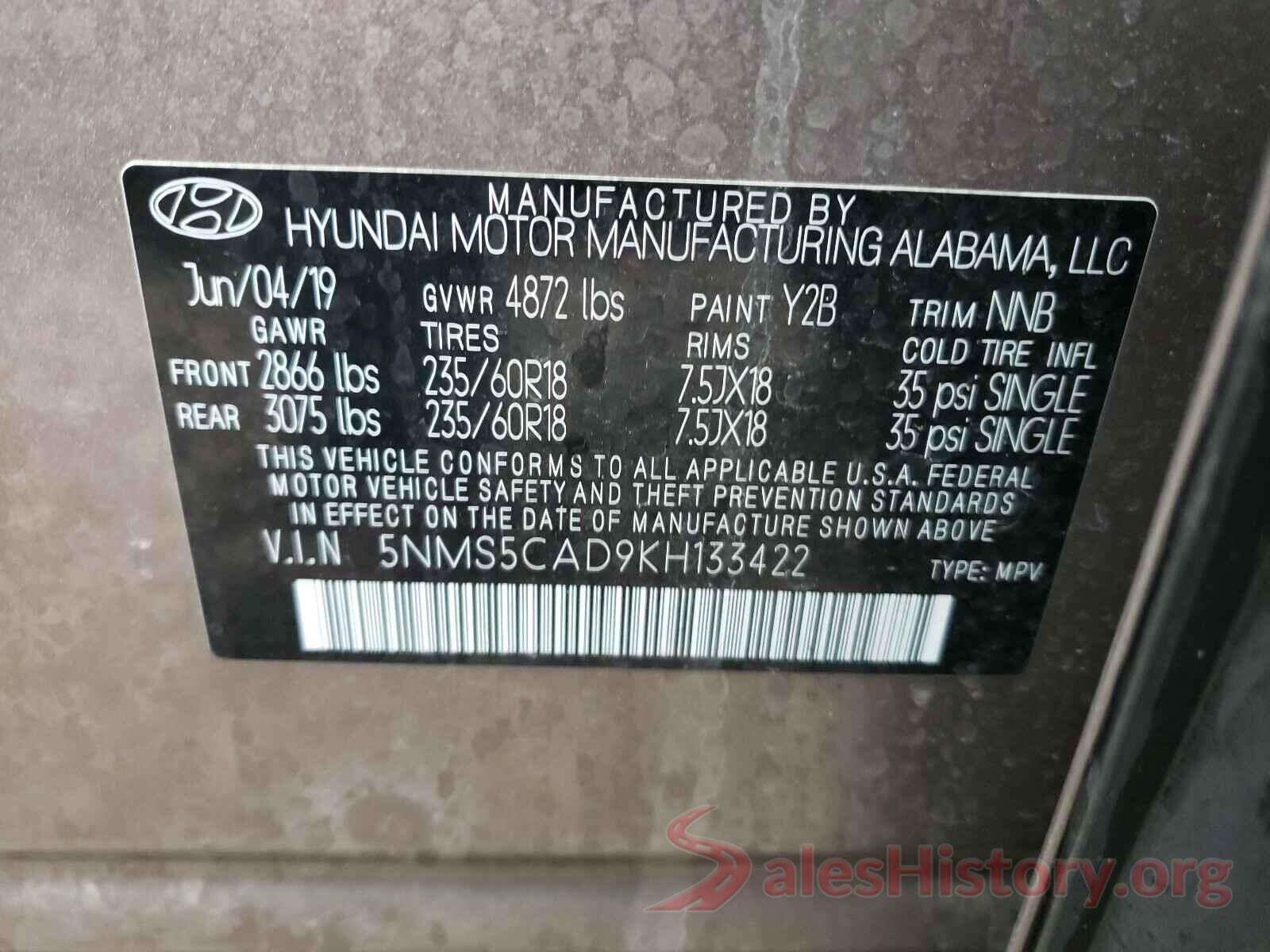 5NMS5CAD9KH133422 2019 HYUNDAI SANTA FE