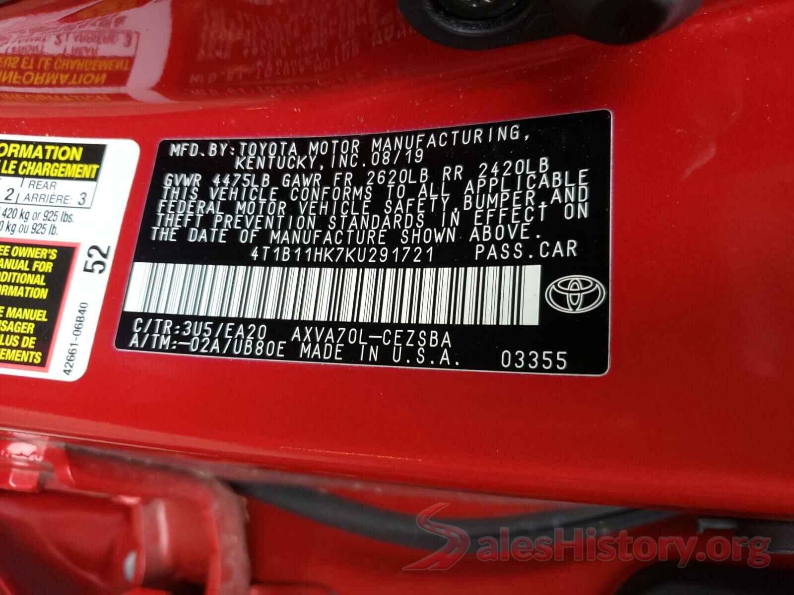 4T1B11HK7KU291721 2019 TOYOTA CAMRY