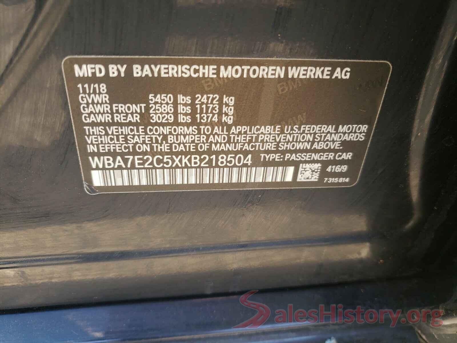 WBA7E2C5XKB218504 2019 BMW 7 SERIES