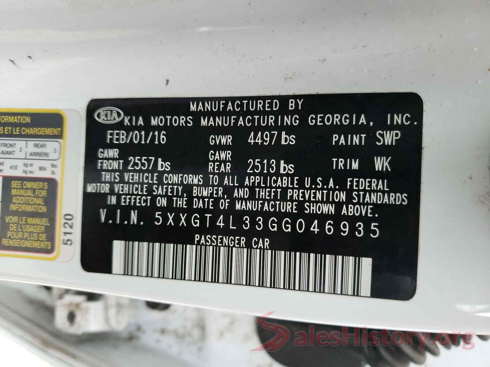 5XXGT4L33GG046935 2016 KIA OPTIMA