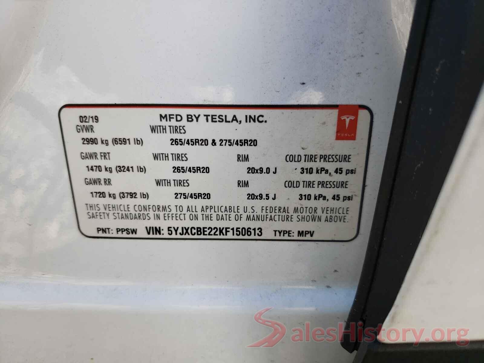 5YJXCBE22KF150613 2019 TESLA MODEL X