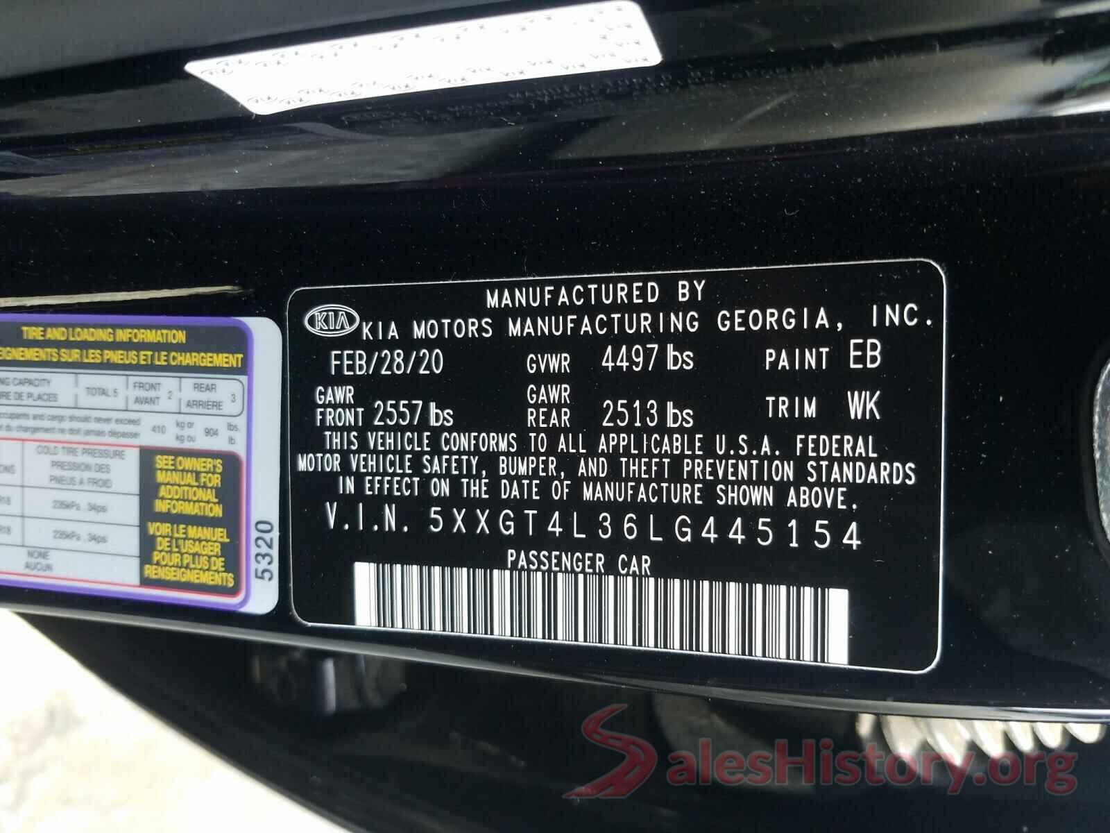 5XXGT4L36LG445154 2020 KIA OPTIMA