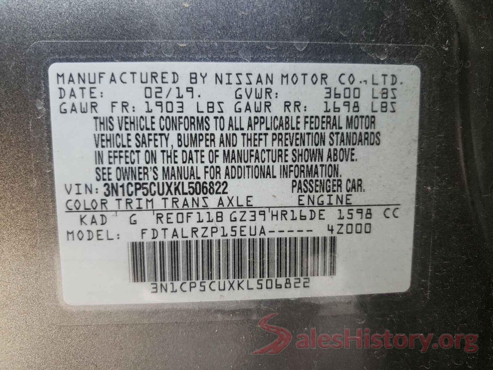 3N1CP5CUXKL506822 2019 NISSAN KICKS