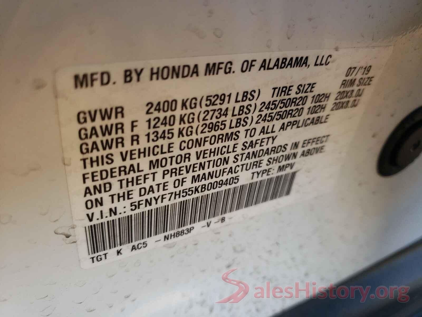 5FNYF7H55KB009405 2019 HONDA PASSPORT