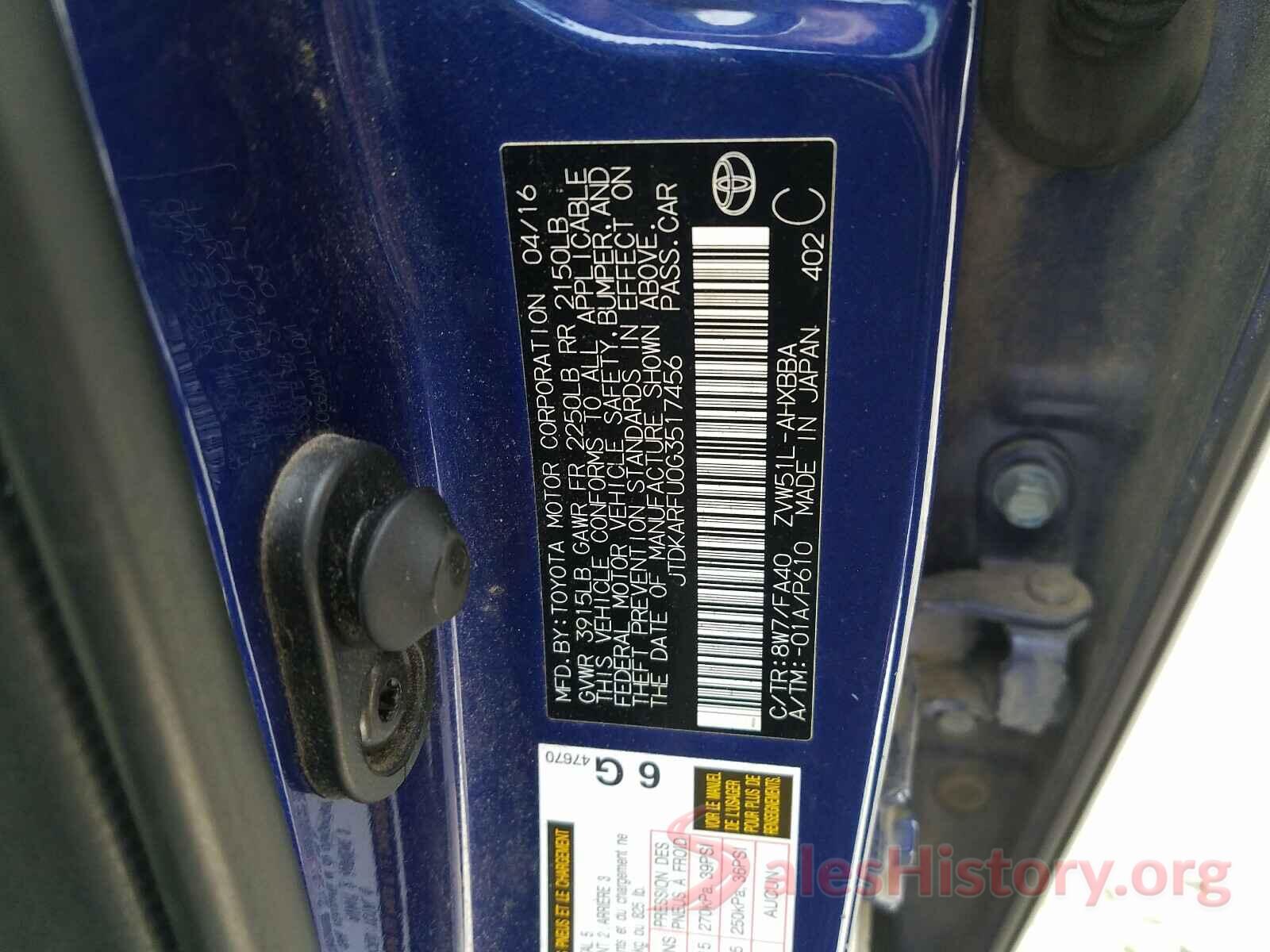 JTDKARFU0G3517456 2016 TOYOTA PRIUS