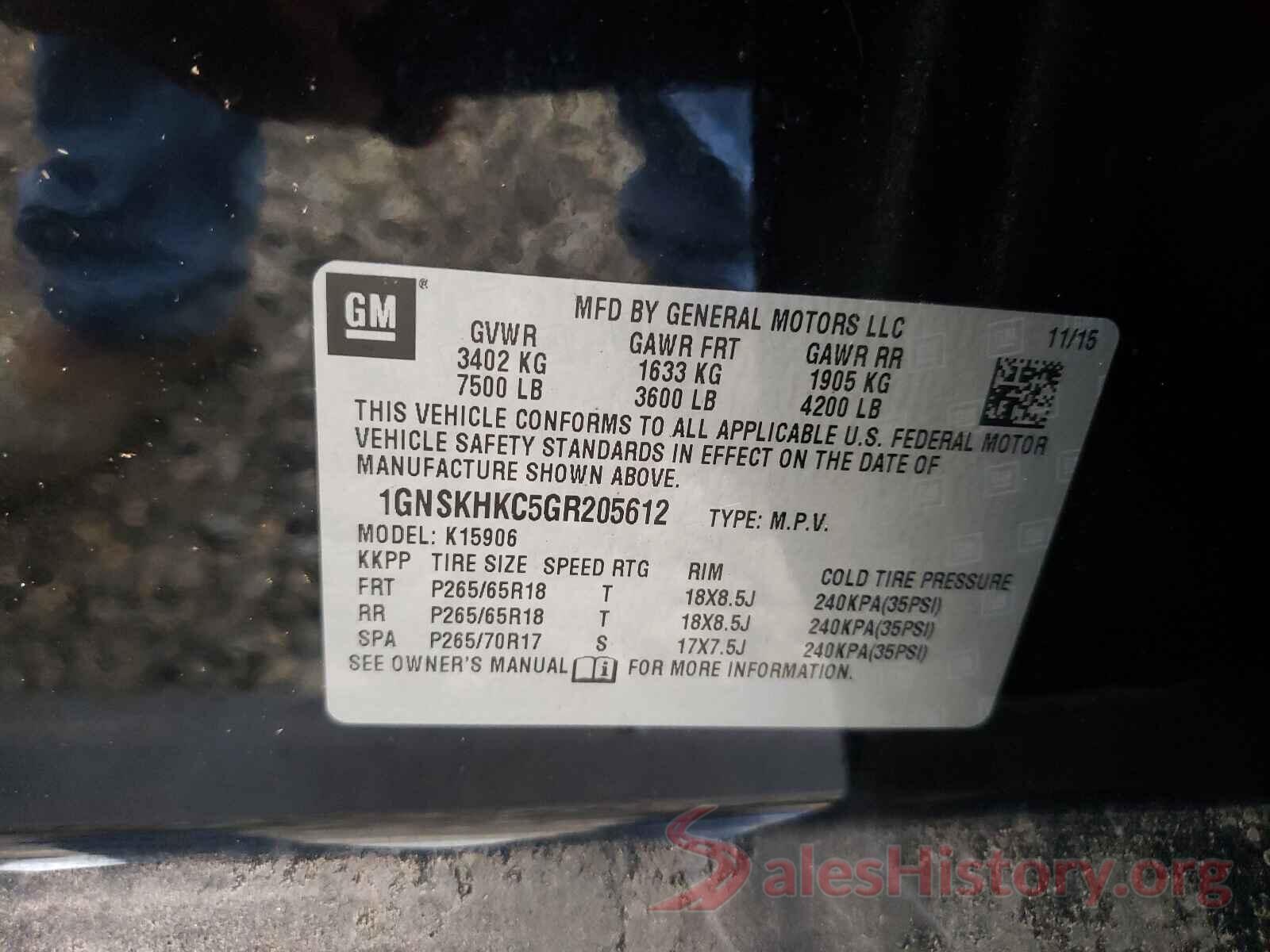 1GNSKHKC5GR205612 2016 CHEVROLET SUBURBAN