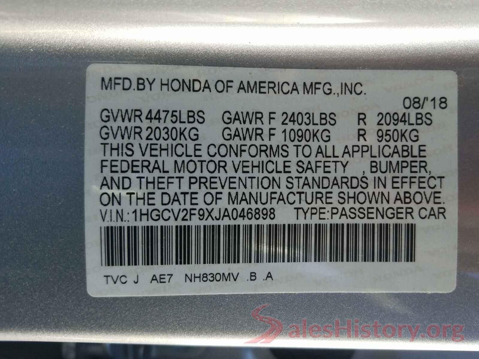 1HGCV2F9XJA046898 2018 HONDA ACCORD