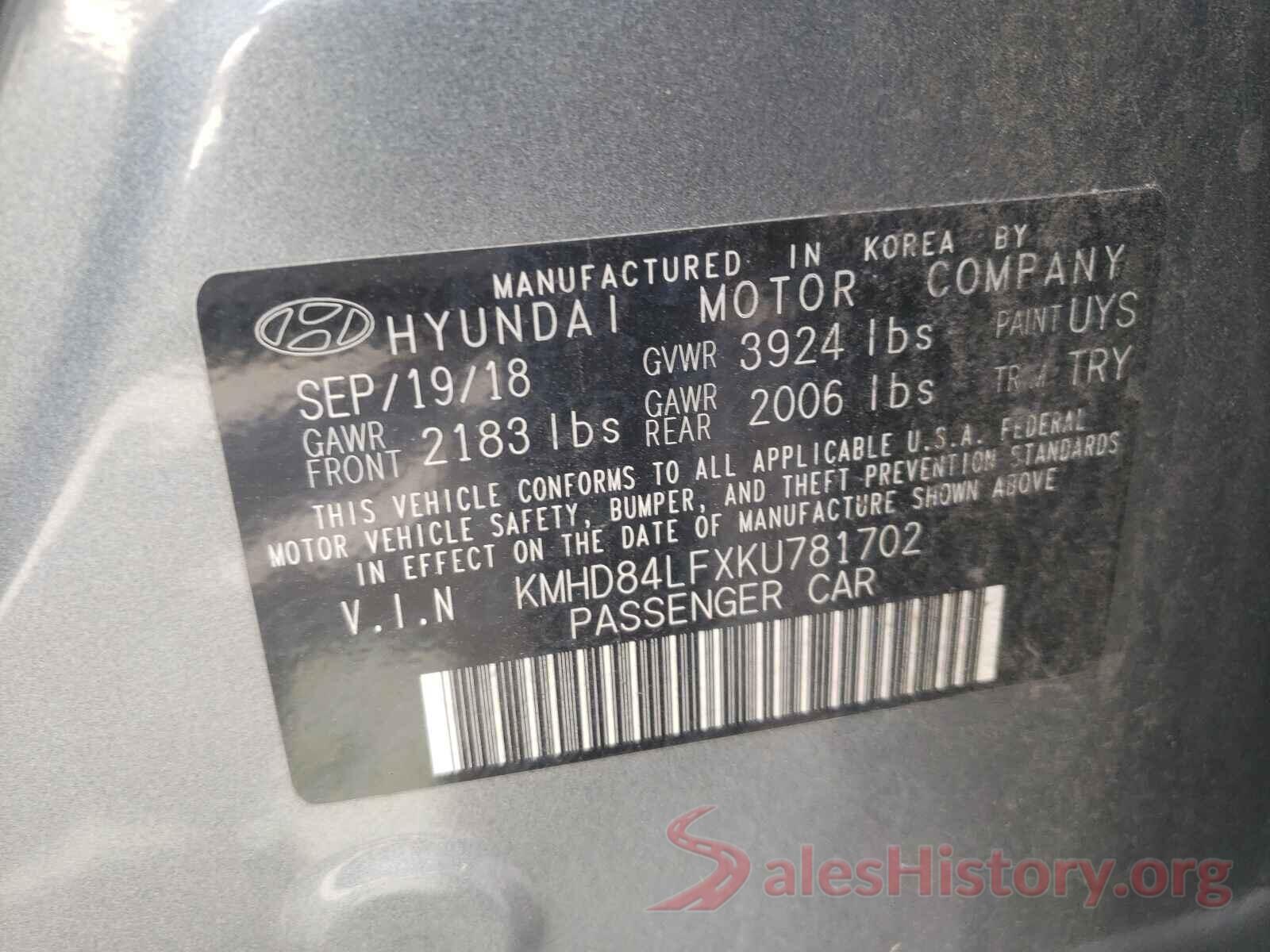 KMHD84LFXKU781702 2019 HYUNDAI ELANTRA