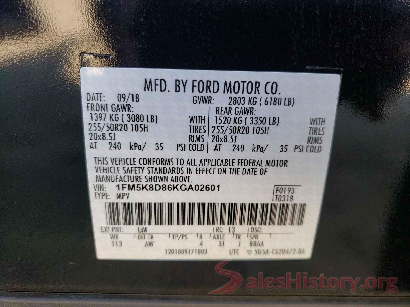 1FM5K8D86KGA02601 2019 FORD EXPLORER