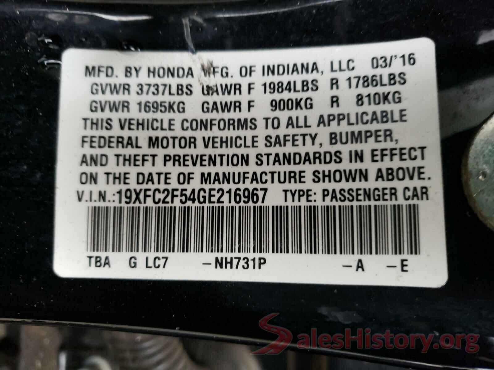 19XFC2F54GE216967 2016 HONDA CIVIC