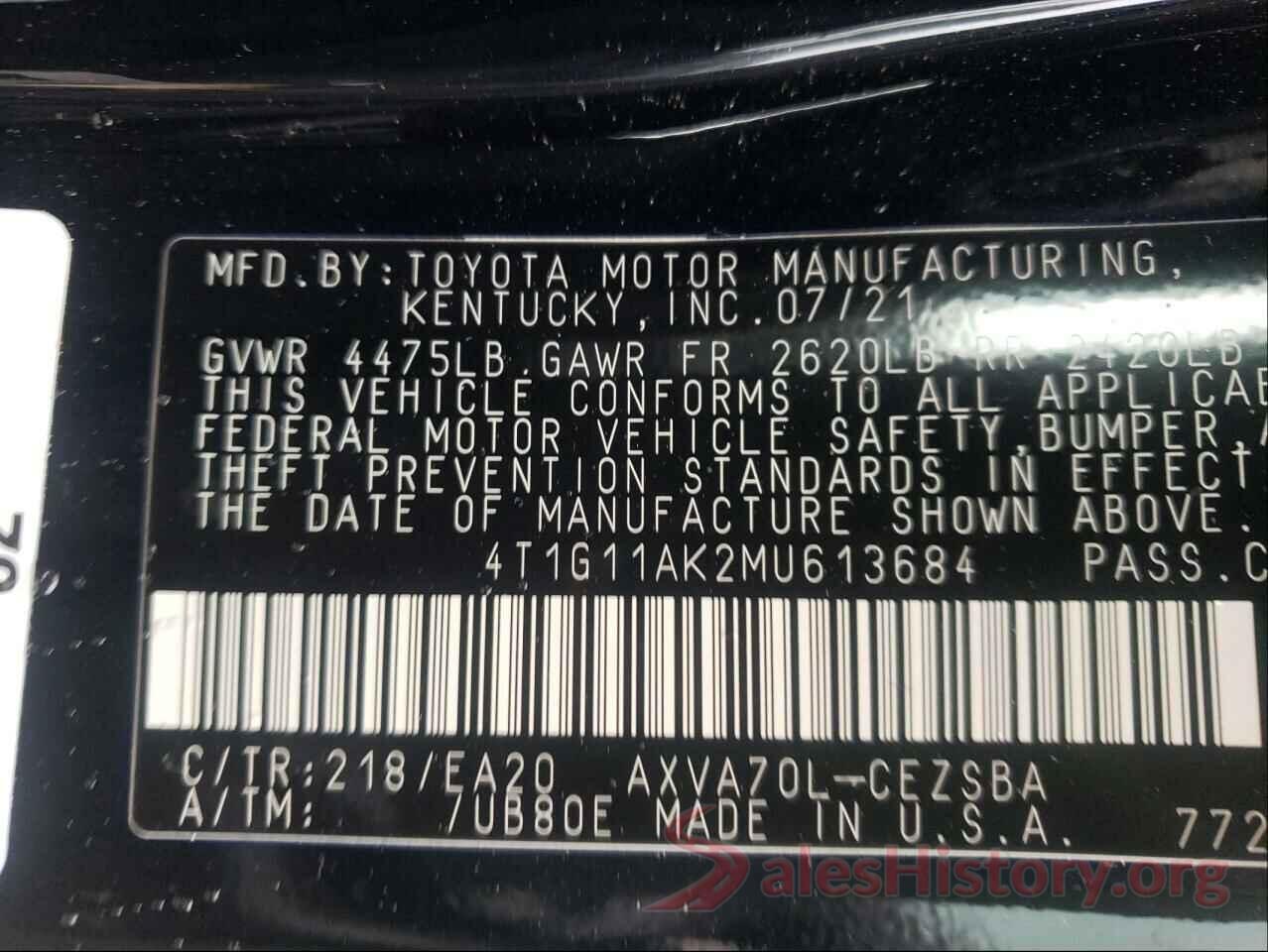 4T1G11AK2MU613684 2021 TOYOTA CAMRY