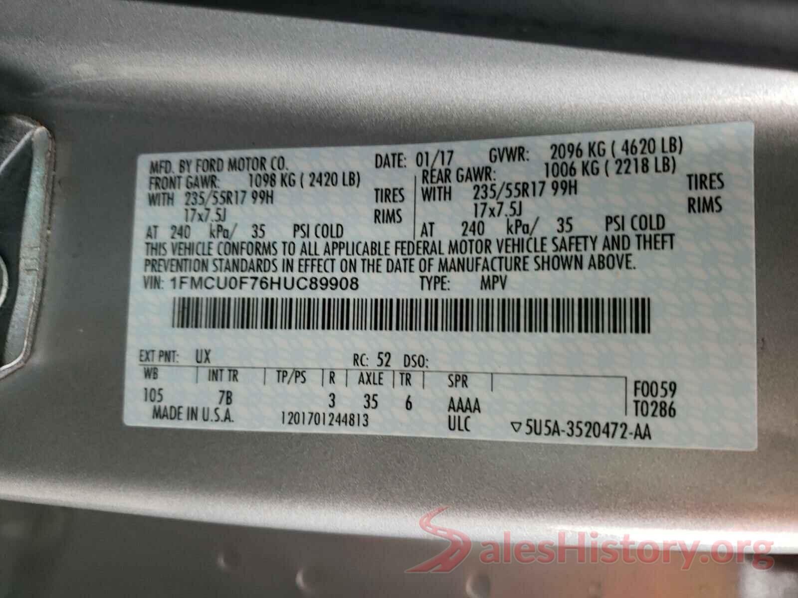 1FMCU0F76HUC89908 2017 FORD ESCAPE