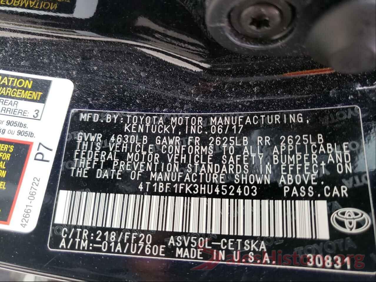 4T1BF1FK3HU452403 2017 TOYOTA CAMRY