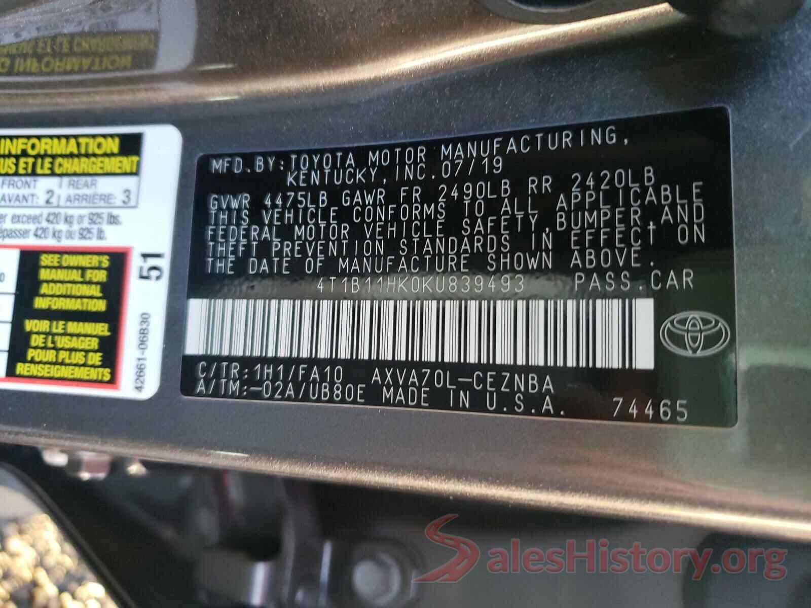 4T1B11HK0KU839493 2019 TOYOTA CAMRY