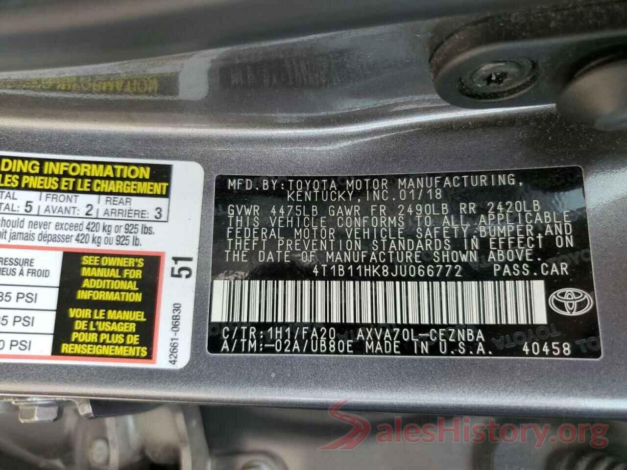 4T1B11HK8JU066772 2018 TOYOTA CAMRY