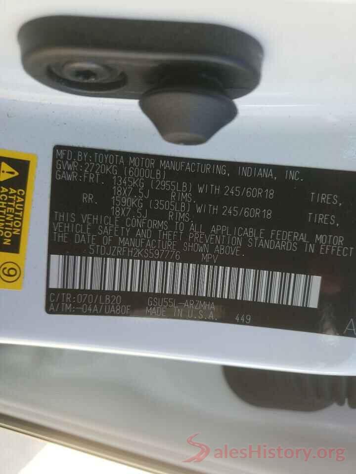 5TDJZRFH2KS597776 2019 TOYOTA HIGHLANDER