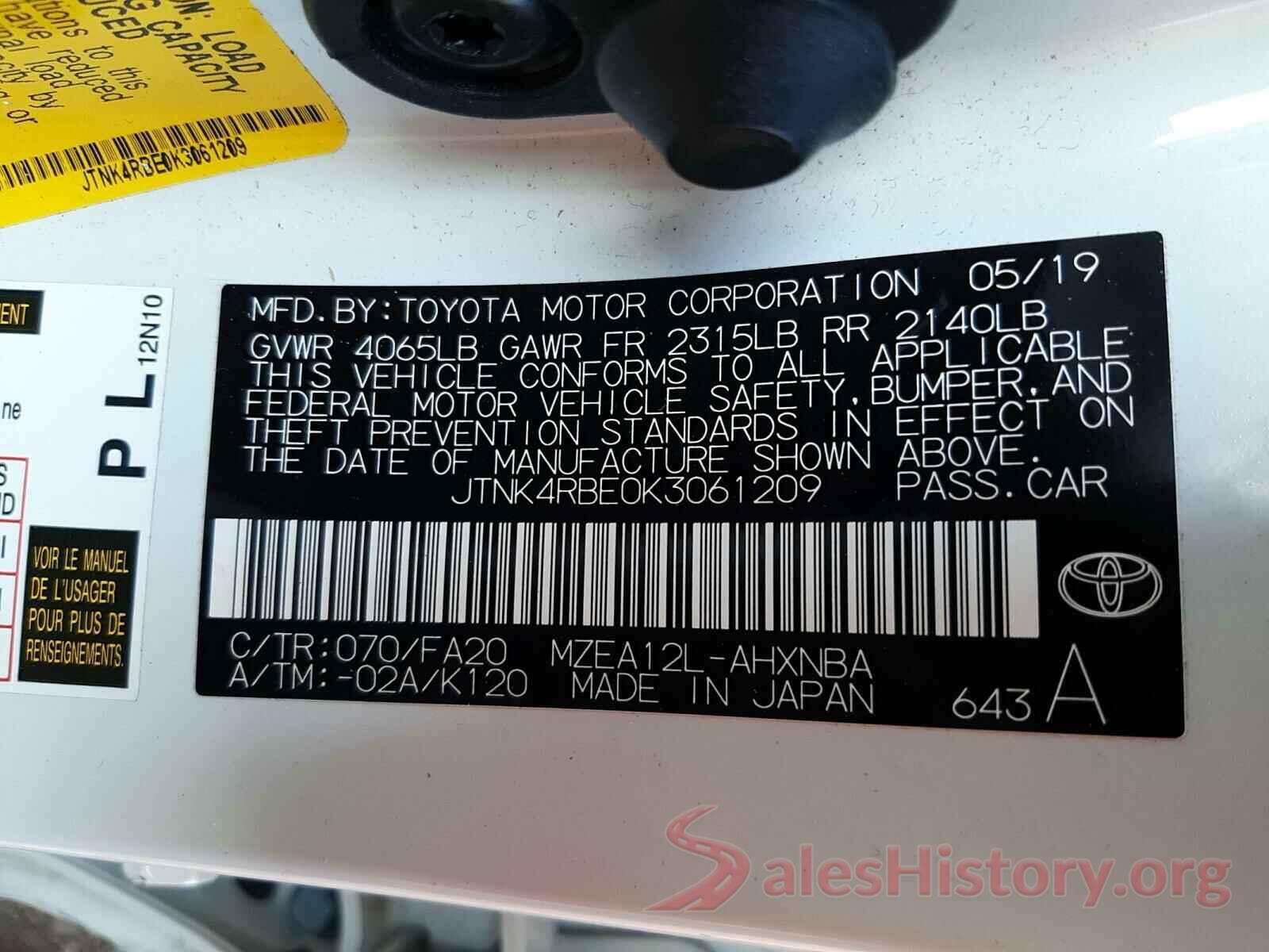 JTNK4RBE0K3061209 2019 TOYOTA COROLLA