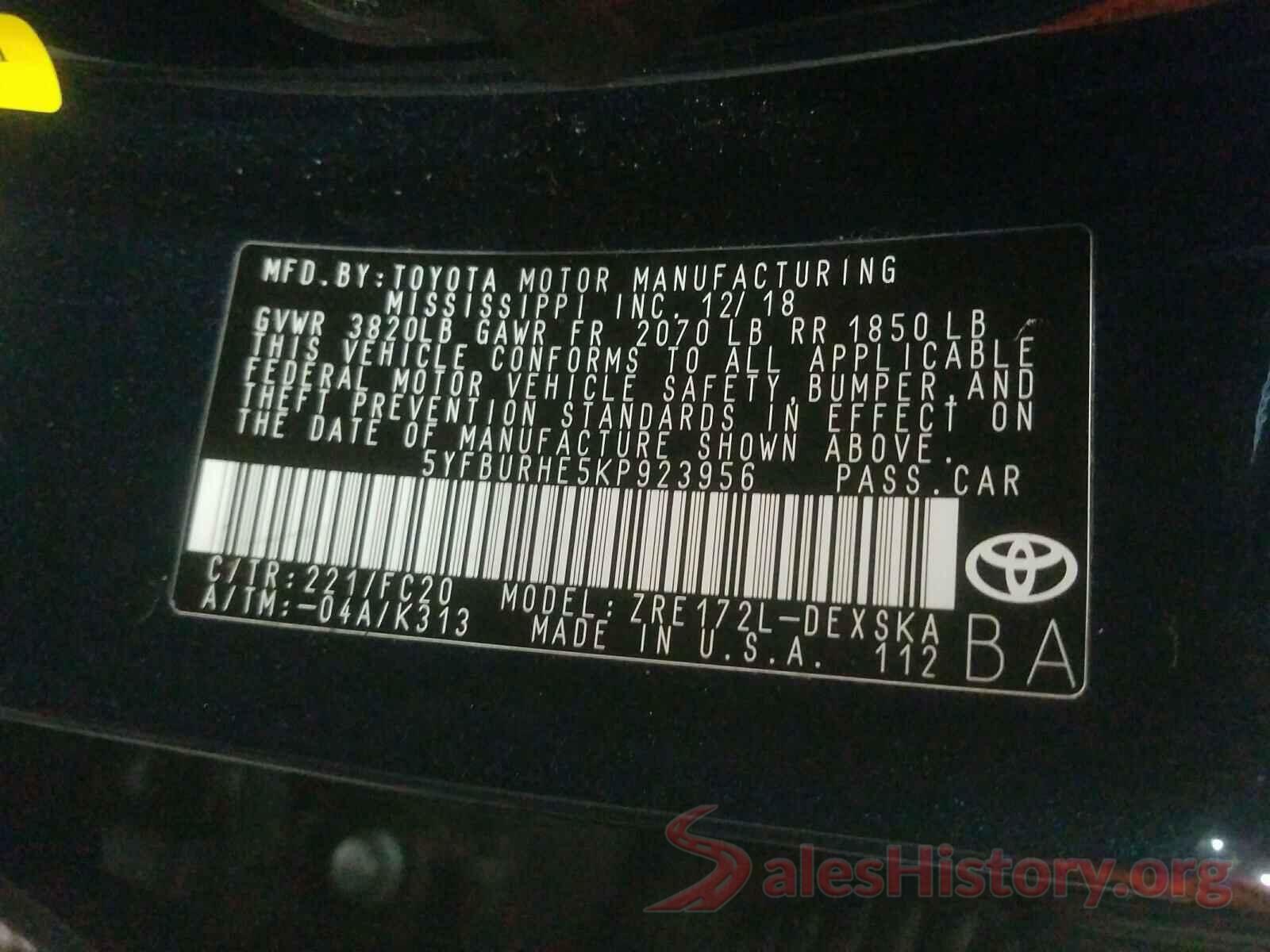 5YFBURHE5KP923956 2019 TOYOTA COROLLA