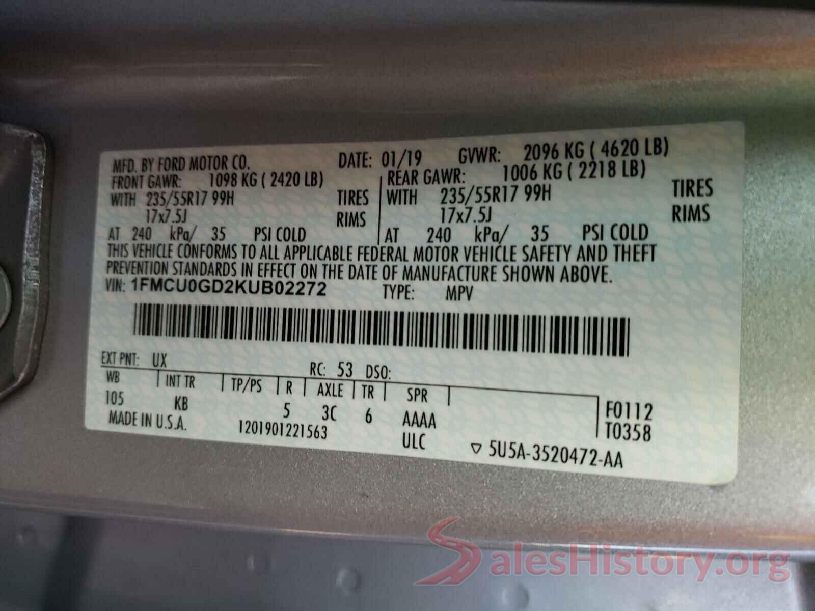 1FMCU0GD2KUB02272 2019 FORD ESCAPE