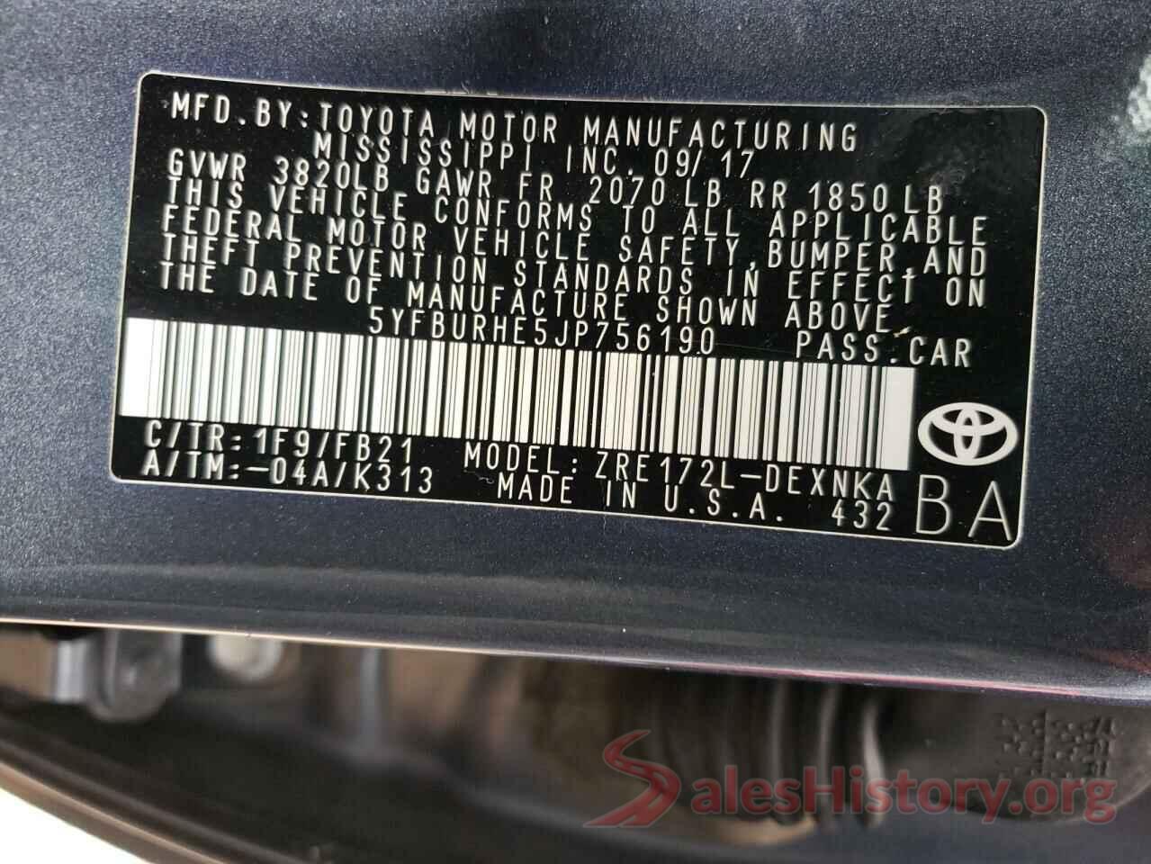 5YFBURHE5JP756190 2018 TOYOTA COROLLA