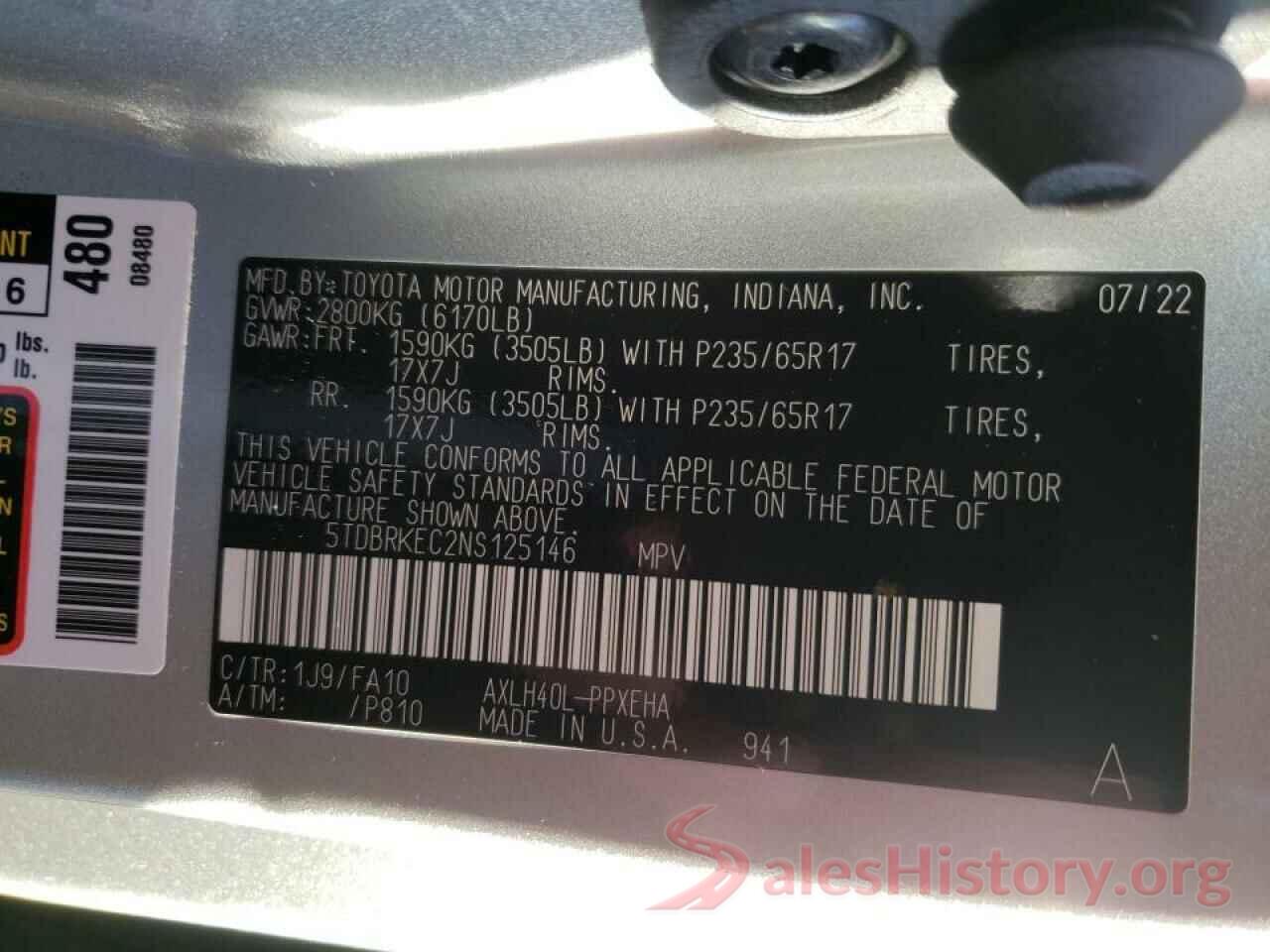 5TDBRKEC2NS125146 2022 TOYOTA SIENNA