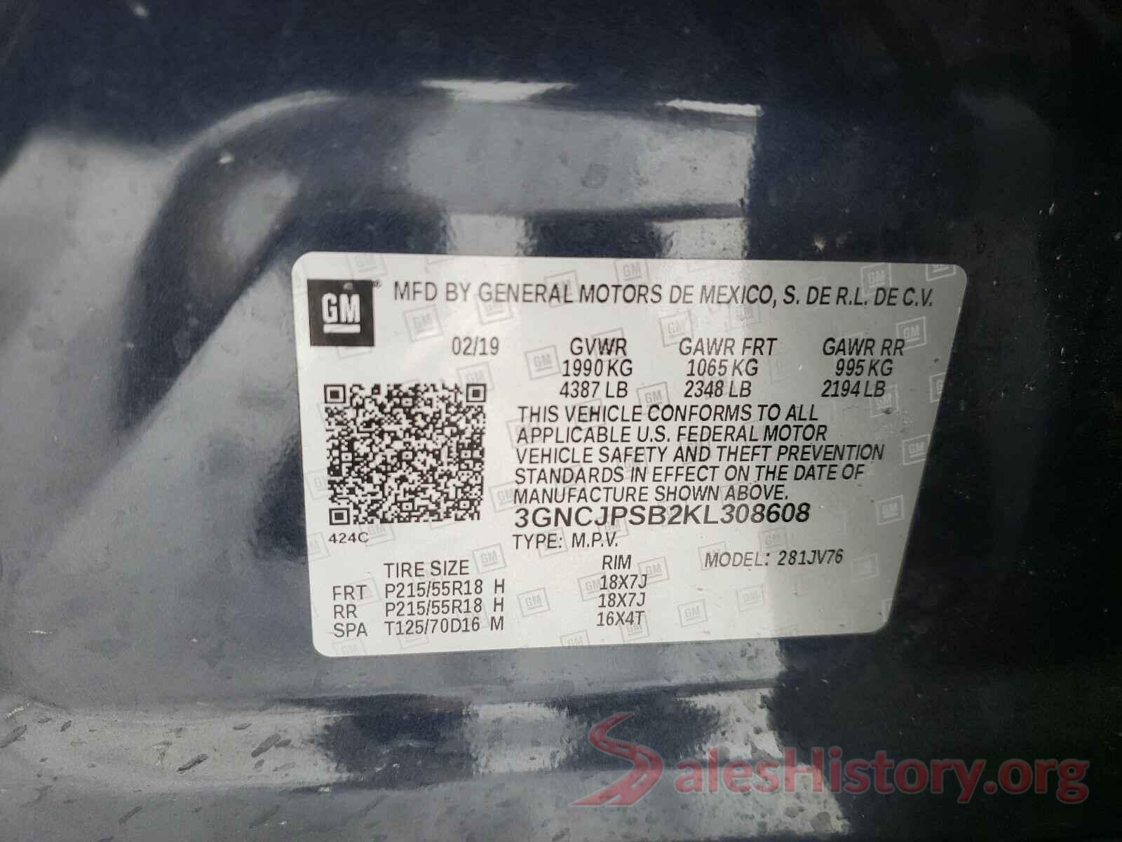 3GNCJPSB2KL308608 2019 CHEVROLET TRAX