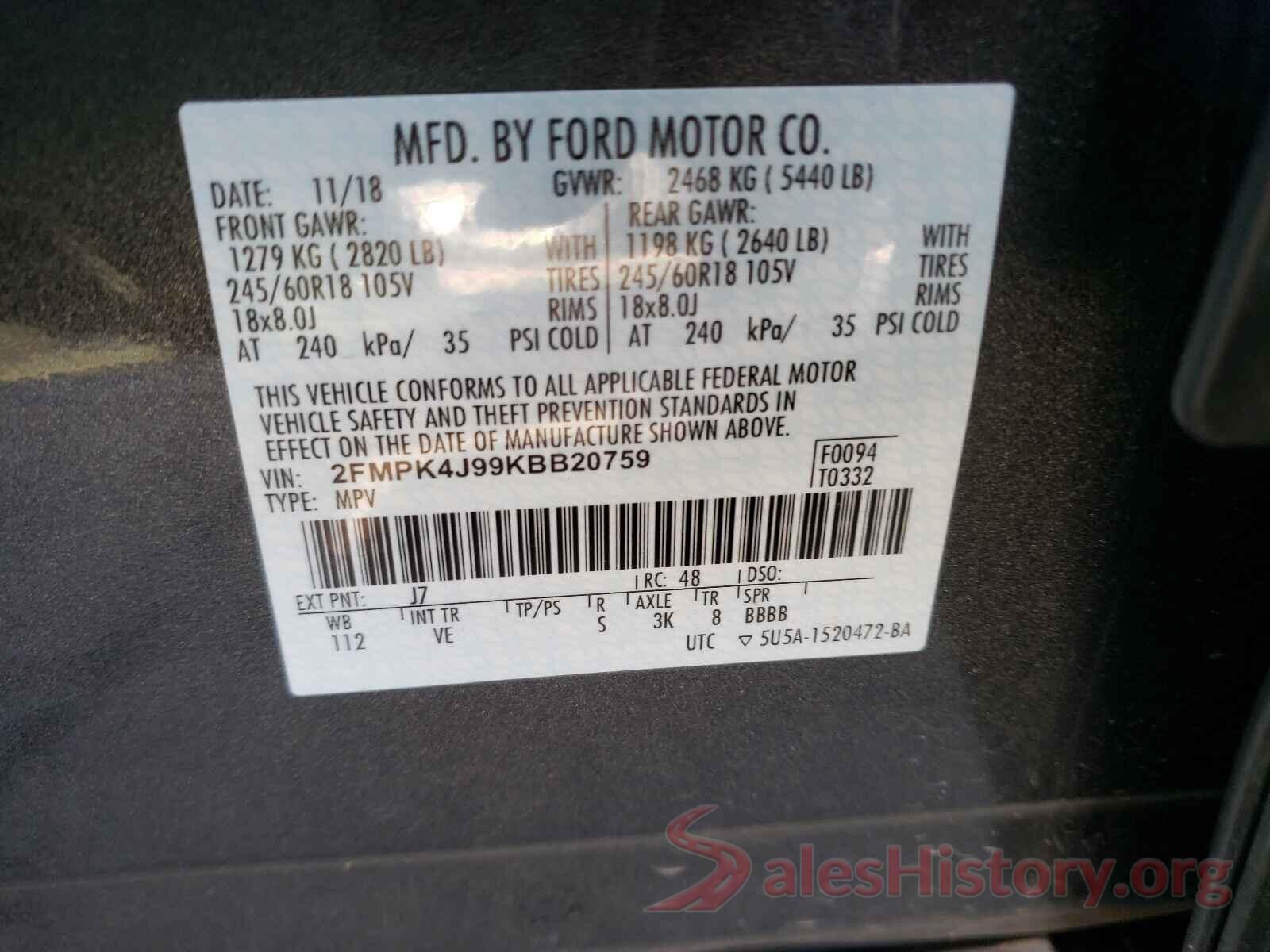 2FMPK4J99KBB20759 2019 FORD EDGE