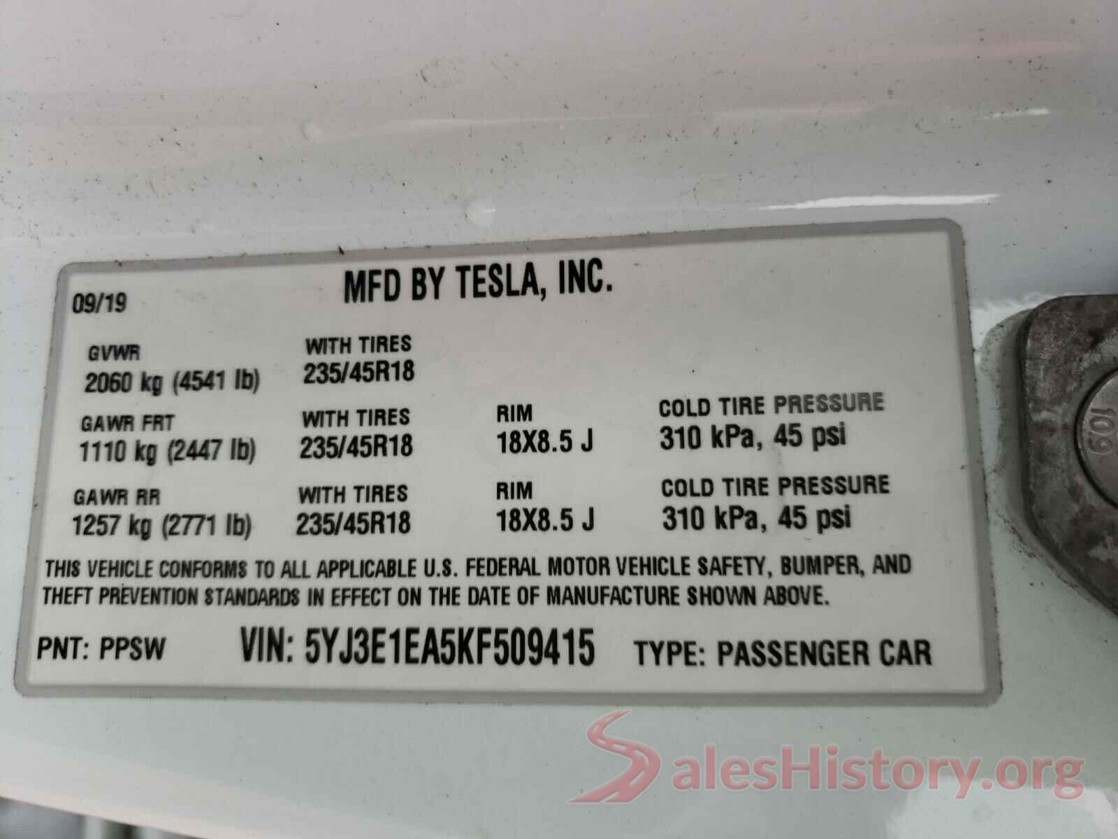 5YJ3E1EA5KF509415 2019 TESLA MODEL 3