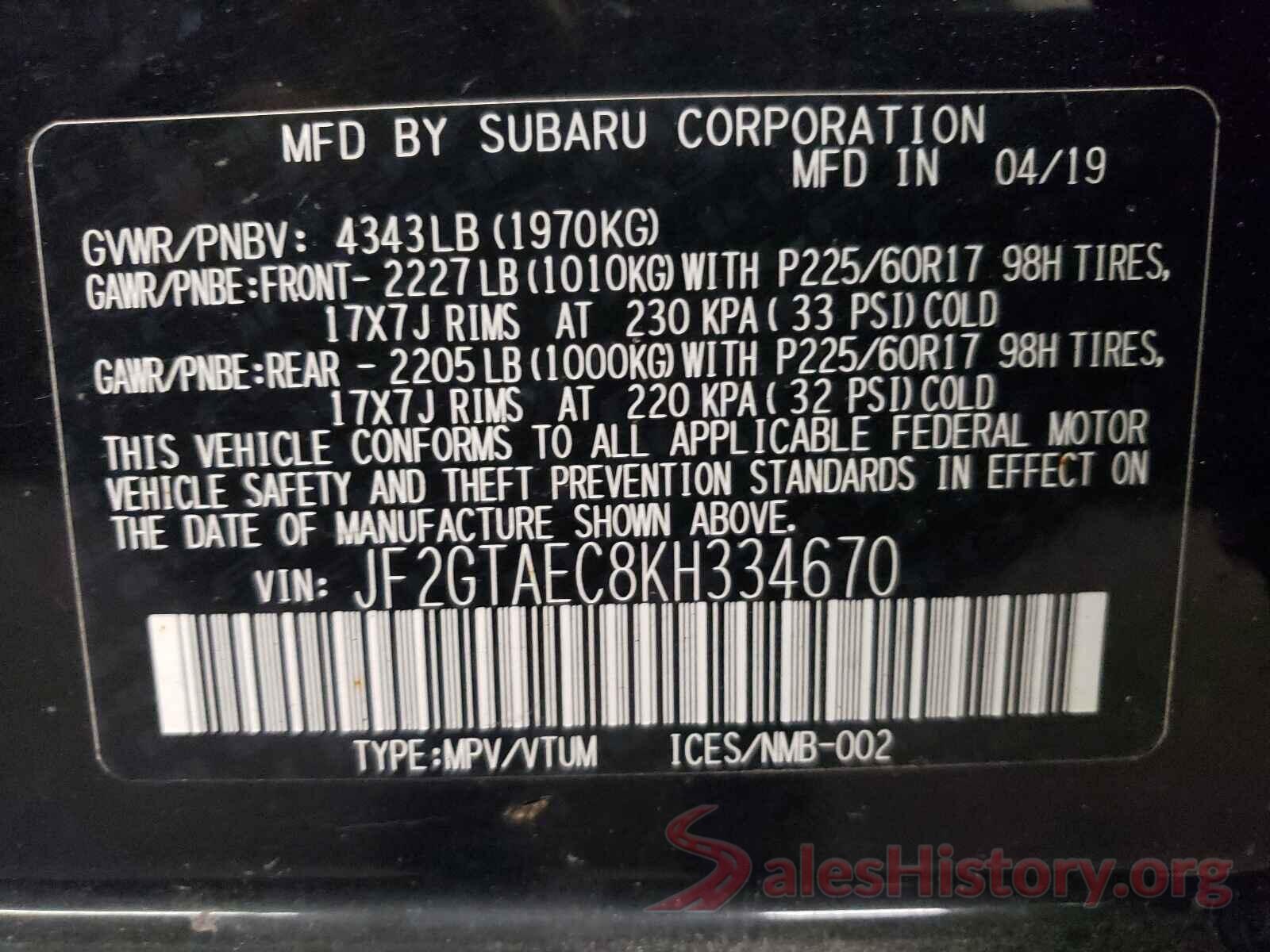 JF2GTAEC8KH334670 2019 SUBARU CROSSTREK