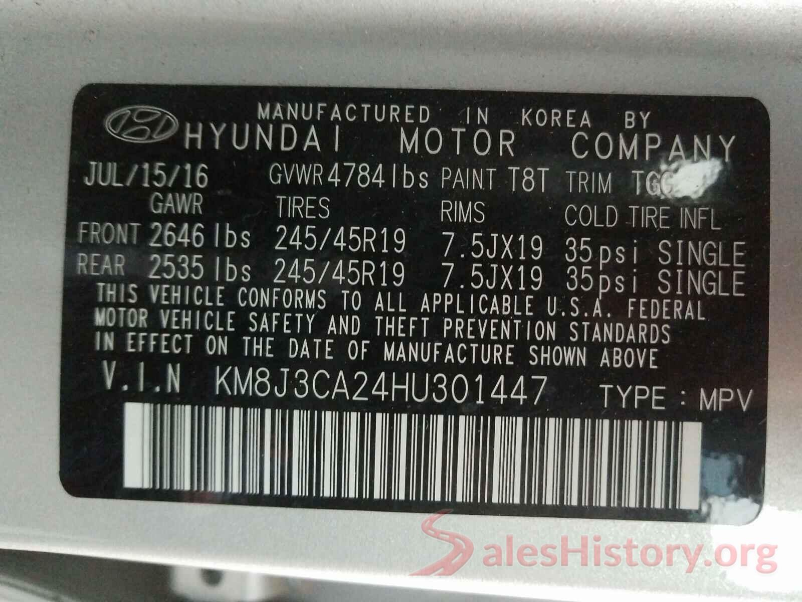 KM8J3CA24HU301447 2017 HYUNDAI TUCSON