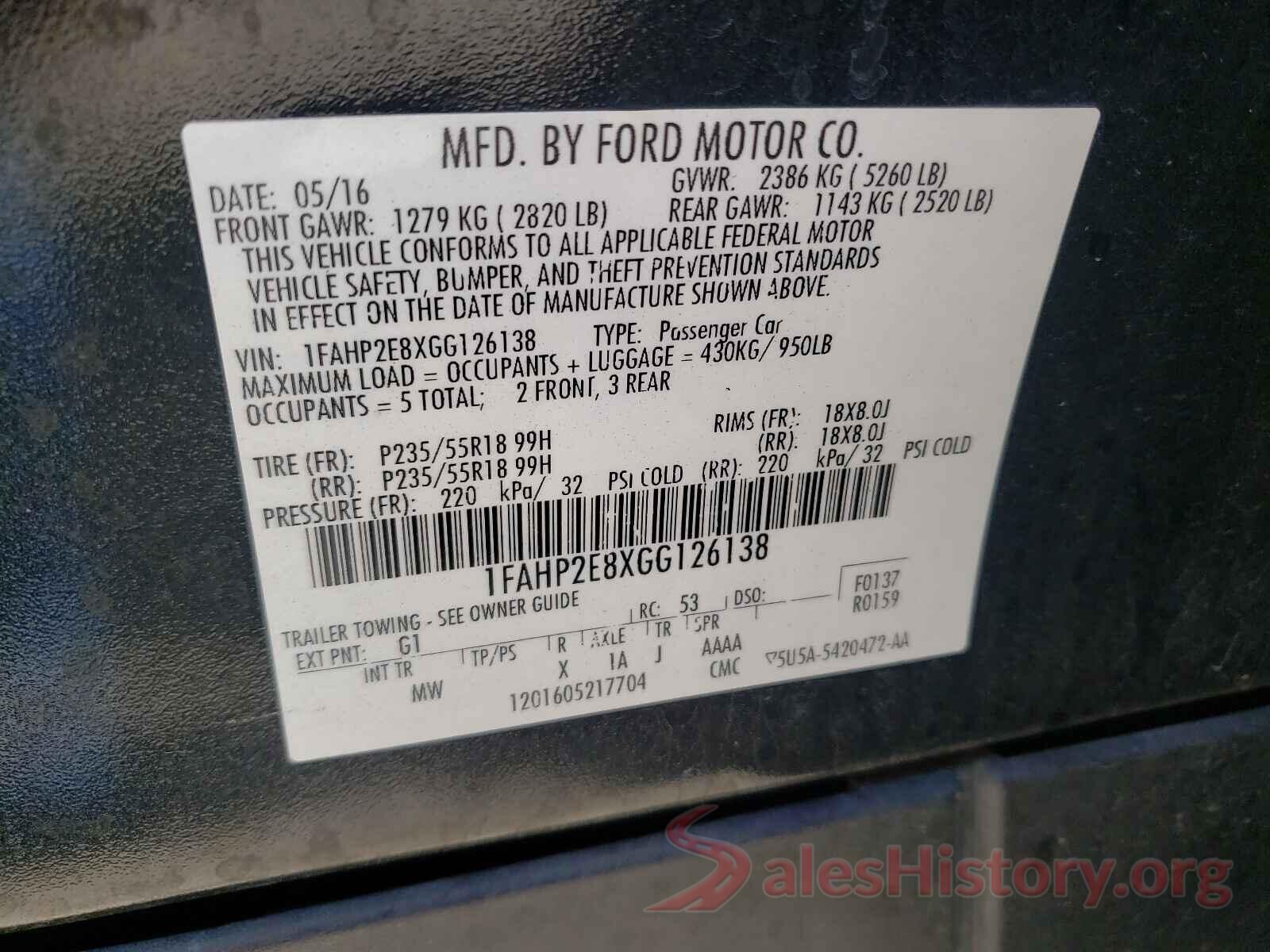 1FAHP2E8XGG126138 2016 FORD TAURUS