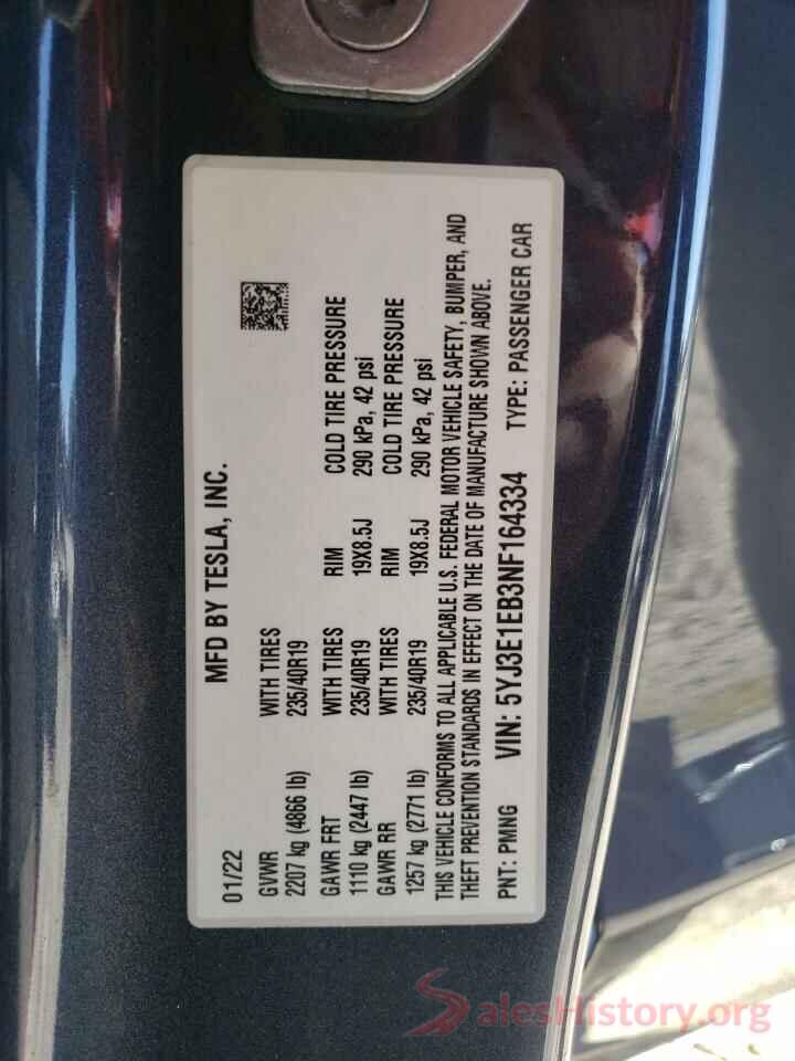 5YJ3E1EB3NF164334 2022 TESLA MODEL 3