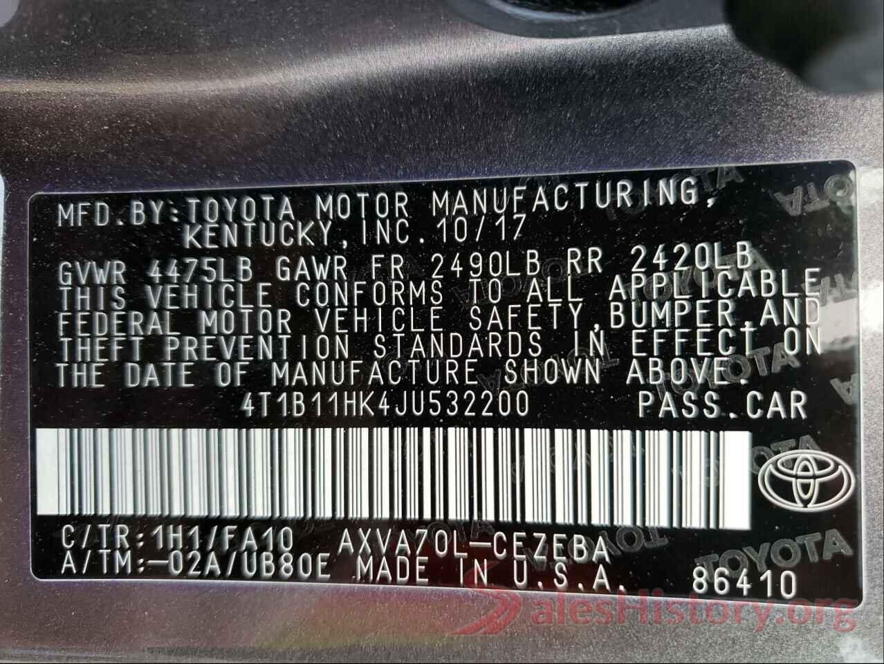 4T1B11HK4JU532200 2018 TOYOTA CAMRY