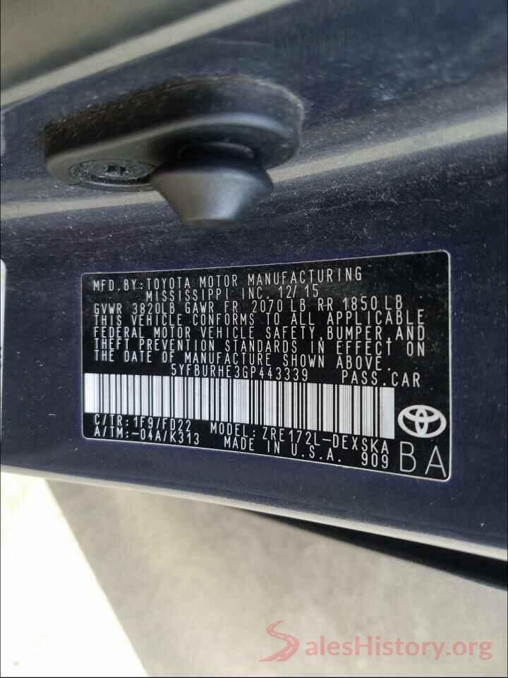 5YFBURHE3GP443339 2016 TOYOTA COROLLA