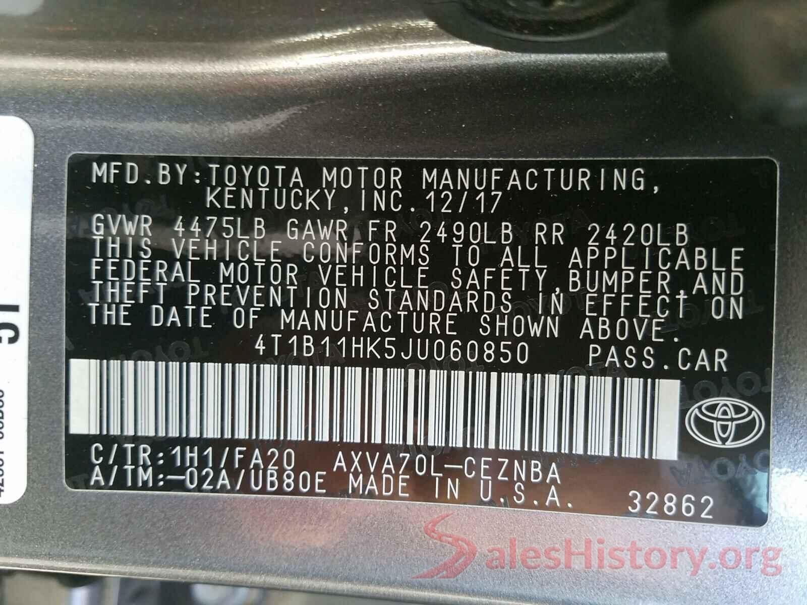 4T1B11HK5JU060850 2018 TOYOTA CAMRY