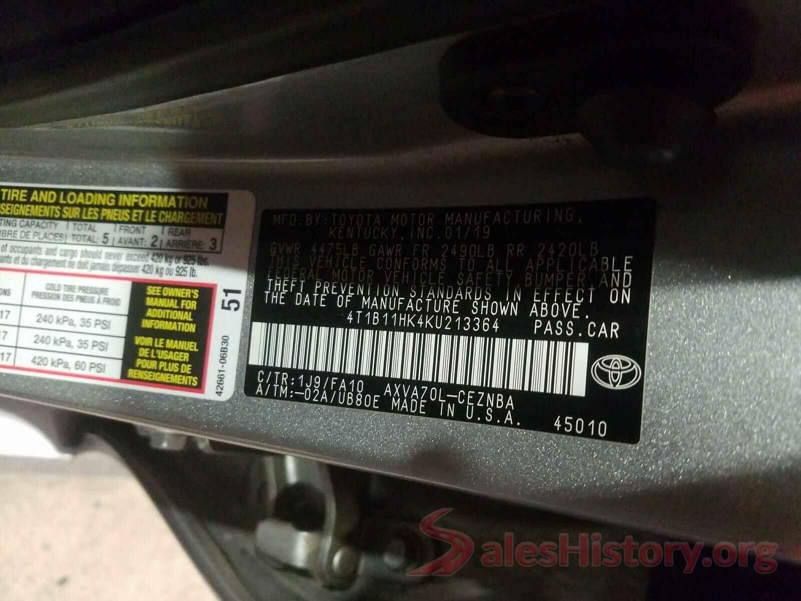 4T1B11HK4KU213364 2019 TOYOTA CAMRY