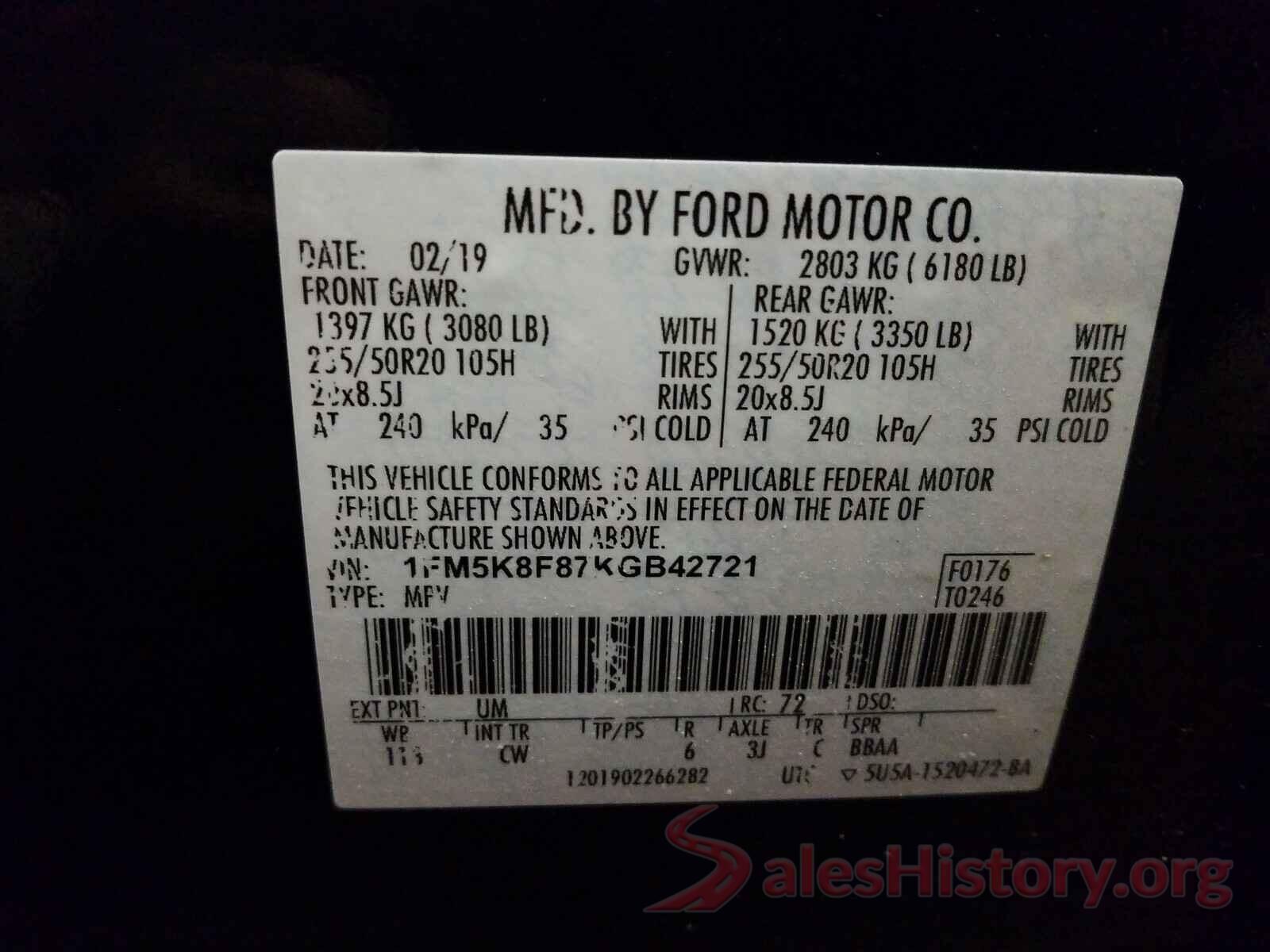 1FM5K8F87KGB42721 2019 FORD EXPLORER