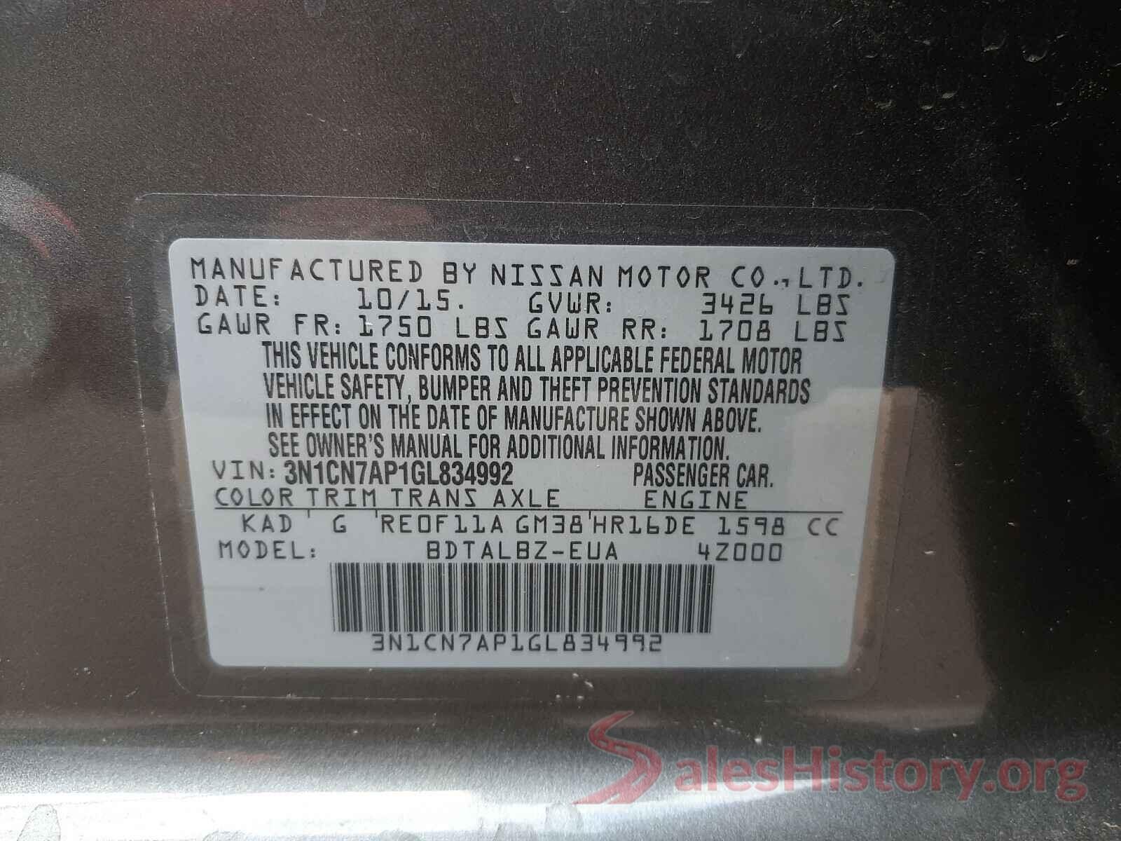 3N1CN7AP1GL834992 2016 NISSAN VERSA