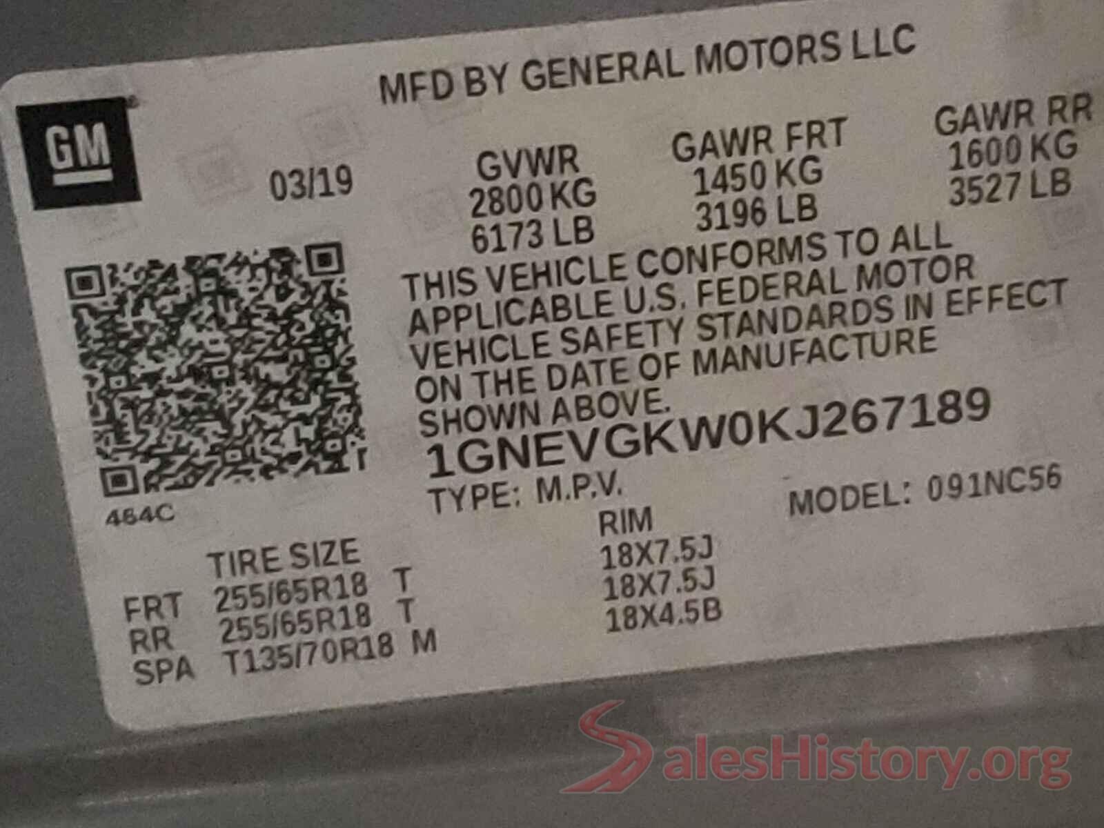 1GNEVGKW0KJ267189 2019 CHEVROLET TRAVERSE