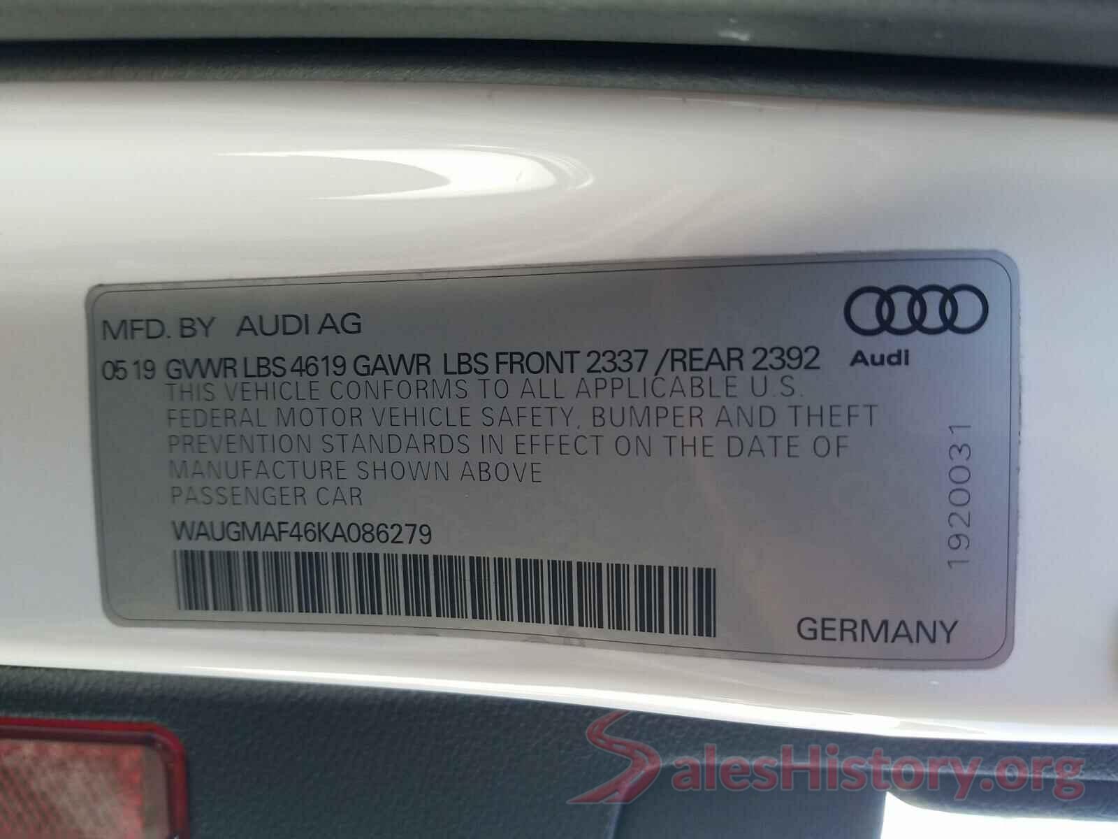 WAUGMAF46KA086279 2019 AUDI A4