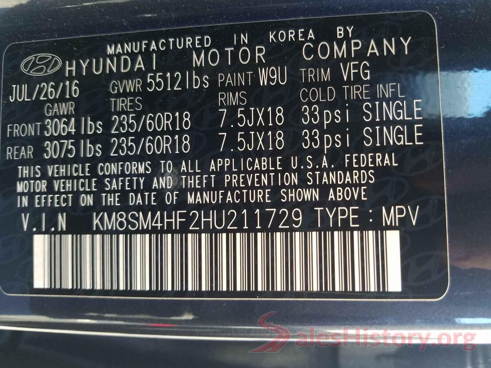 KM8SM4HF2HU211729 2017 HYUNDAI SANTA FE