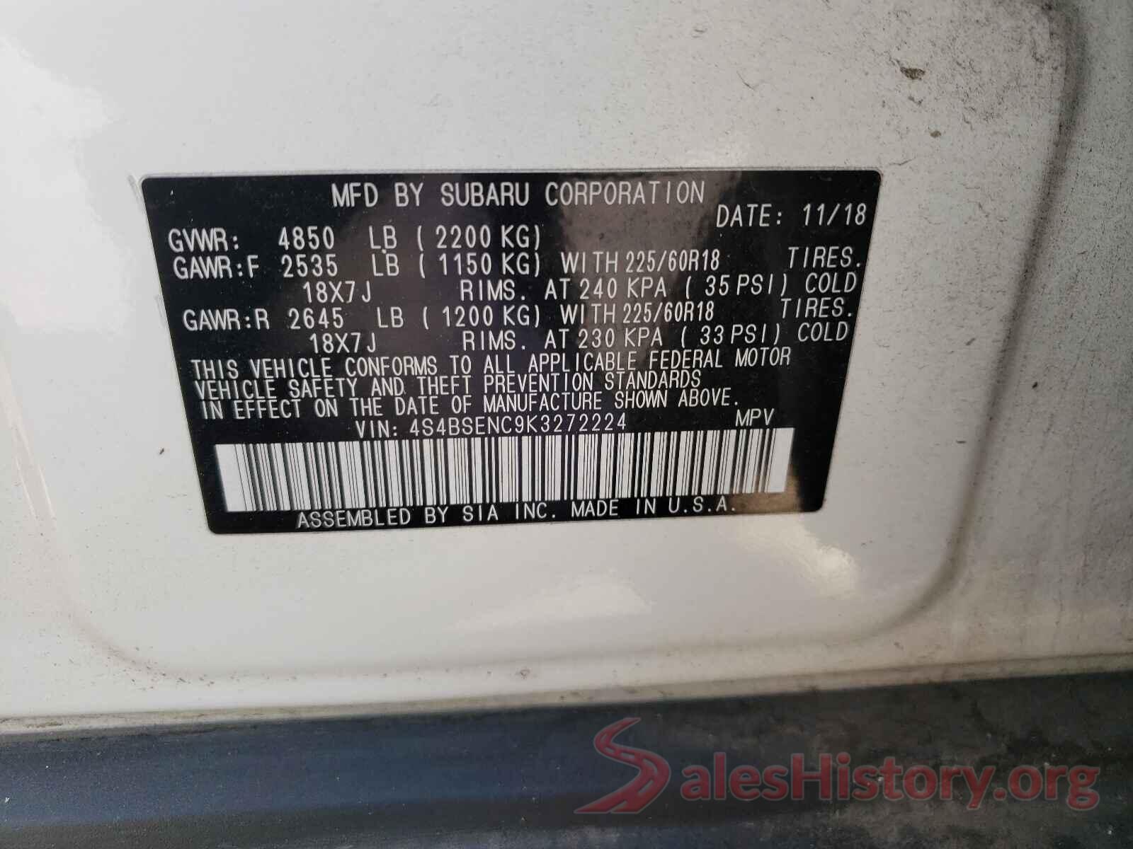 4S4BSENC9K3272224 2019 SUBARU OUTBACK