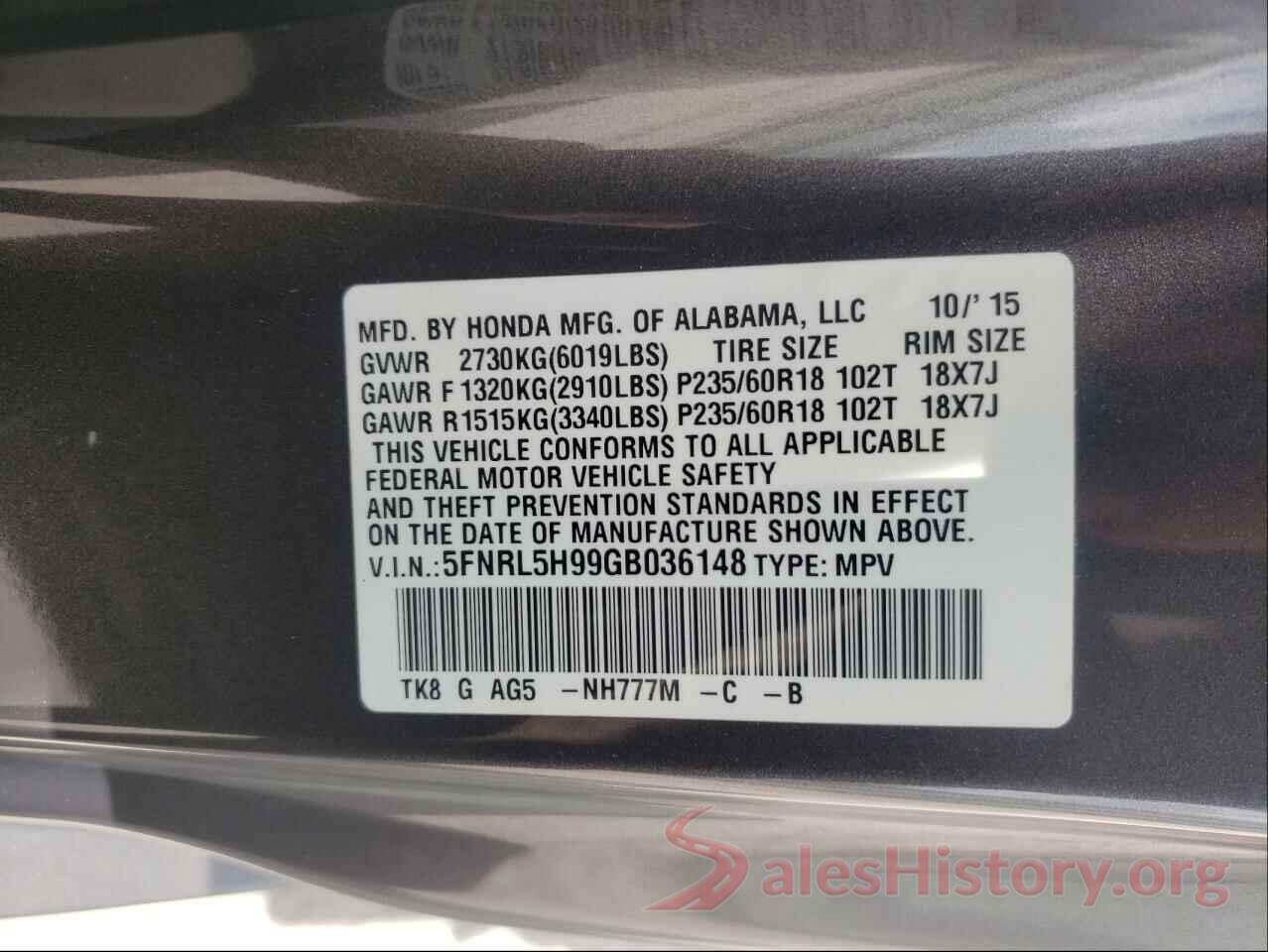 5FNRL5H99GB036148 2016 HONDA ODYSSEY