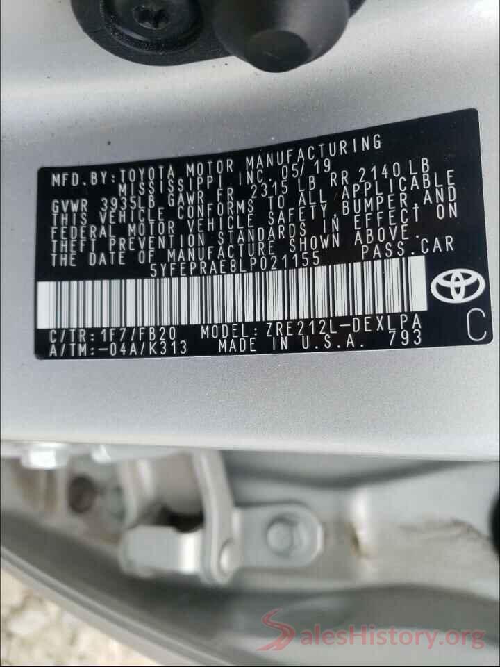 5YFEPRAE8LP021155 2020 TOYOTA COROLLA