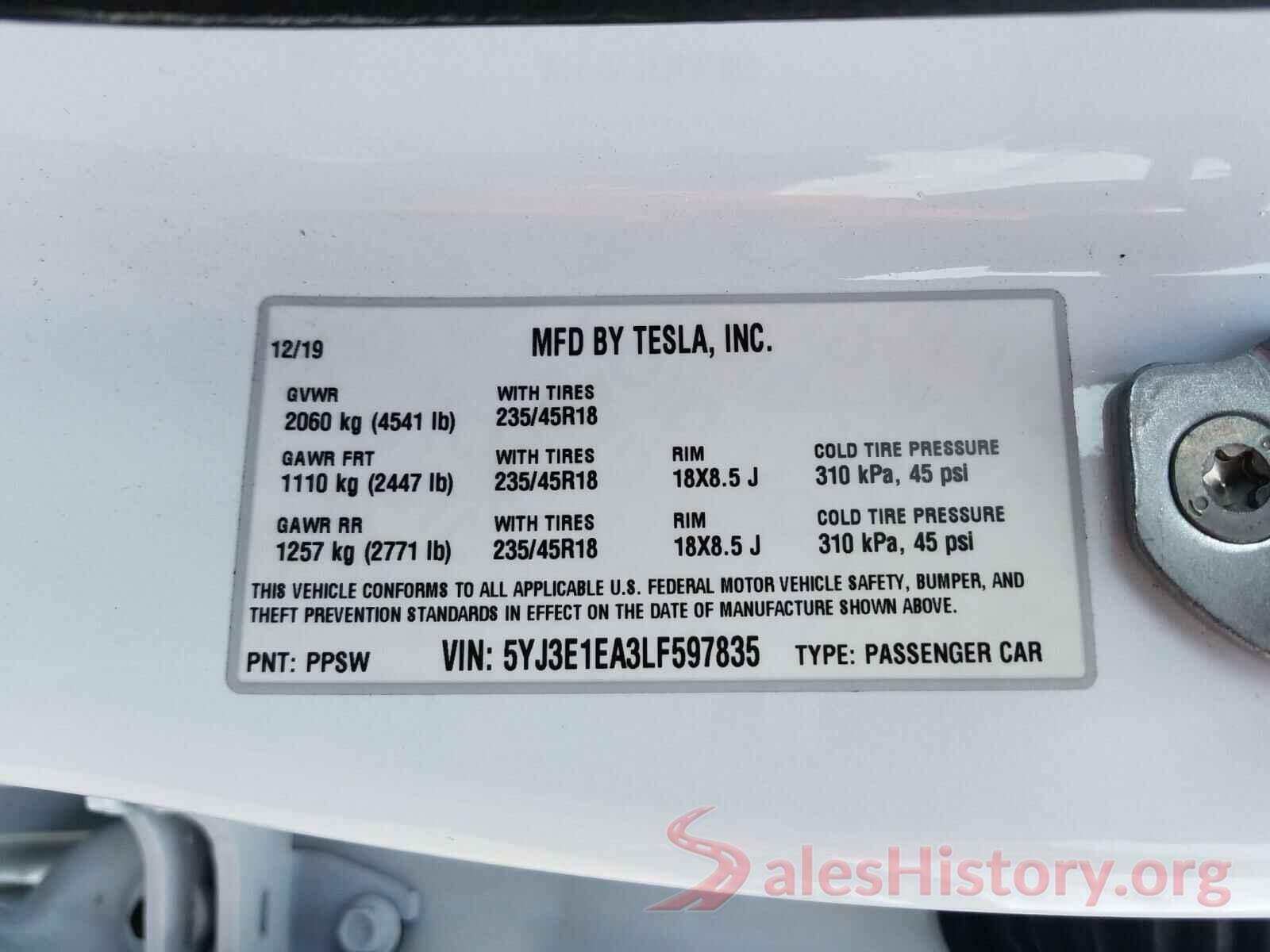 5YJ3E1EA3LF597835 2020 TESLA MODEL 3