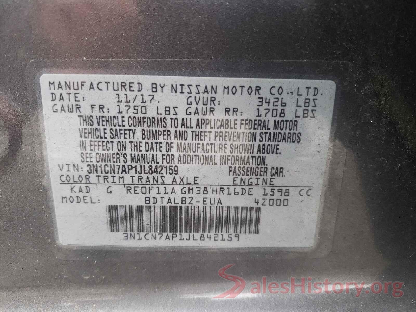 3N1CN7AP1JL842159 2018 NISSAN VERSA