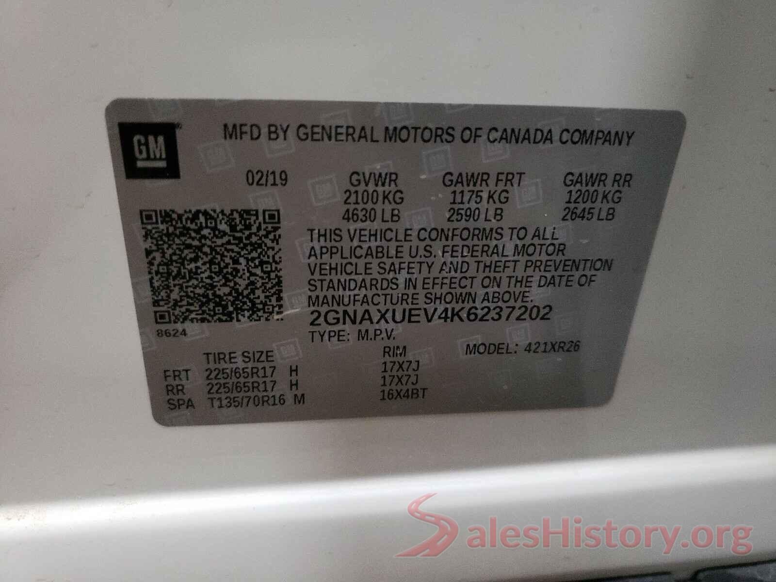 2GNAXUEV4K6237202 2019 CHEVROLET EQUINOX