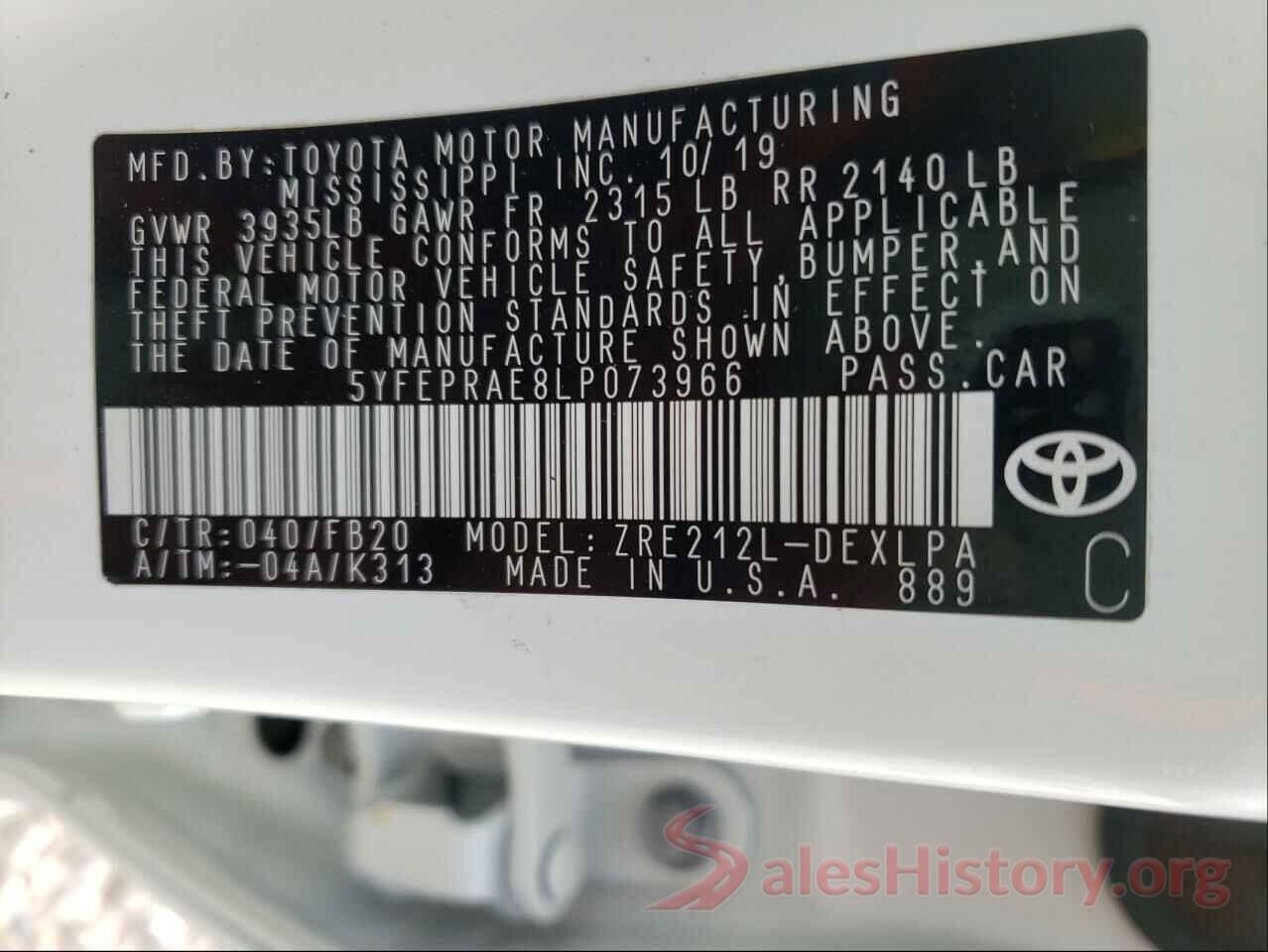 5YFEPRAE8LP073966 2020 TOYOTA COROLLA