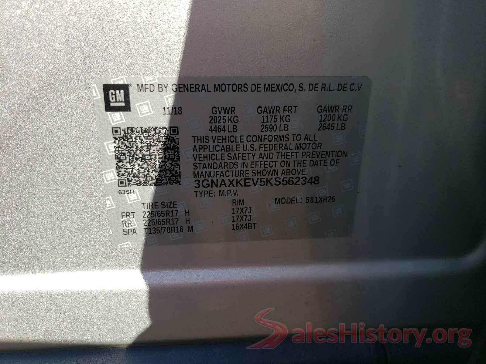 3GNAXKEV5KS562348 2019 CHEVROLET EQUINOX