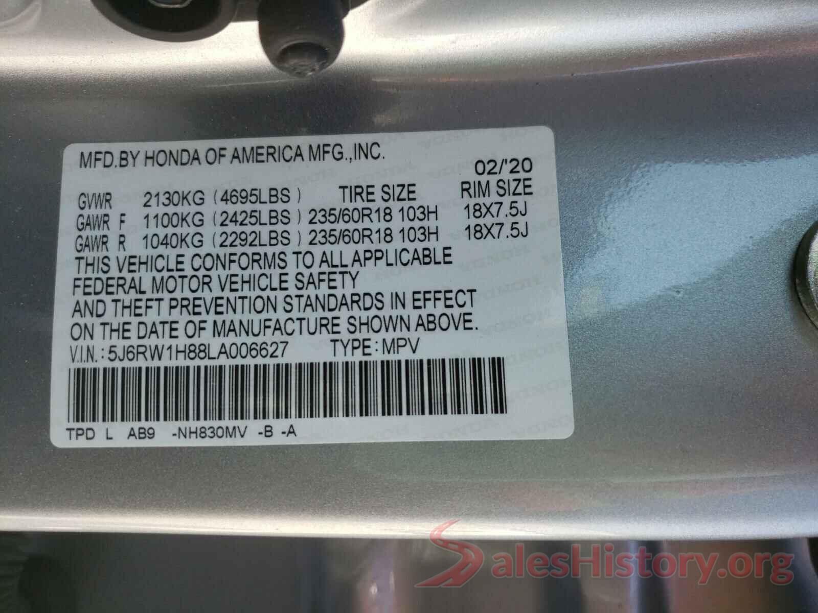 5J6RW1H88LA006627 2020 HONDA CRV